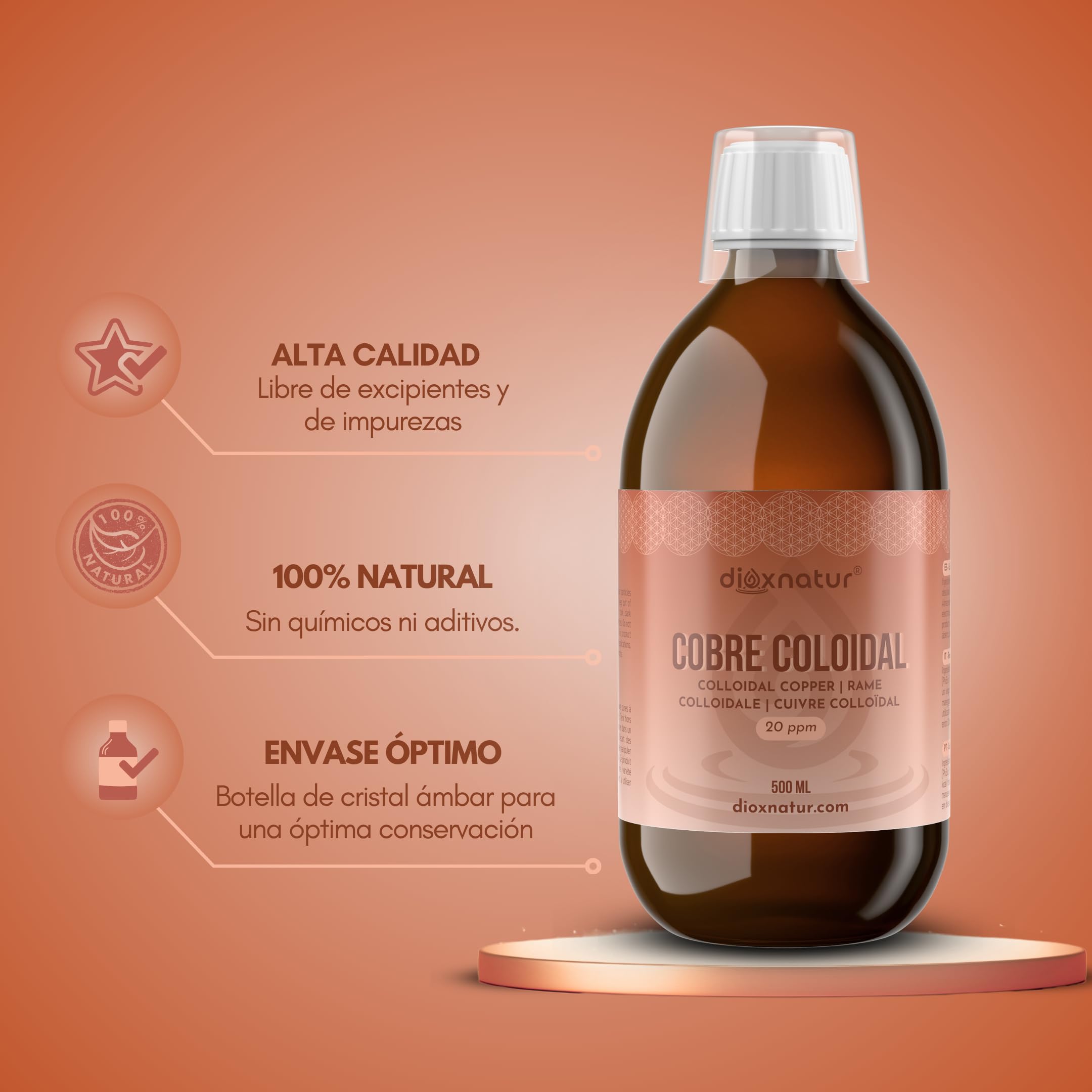 Cobre Coloidal 500 ml - 20 ppm - 99,99% Pureza - Solución Líquida con Agua Bidestilada - Botella Vidrio Ámbar con Vasito Medidor