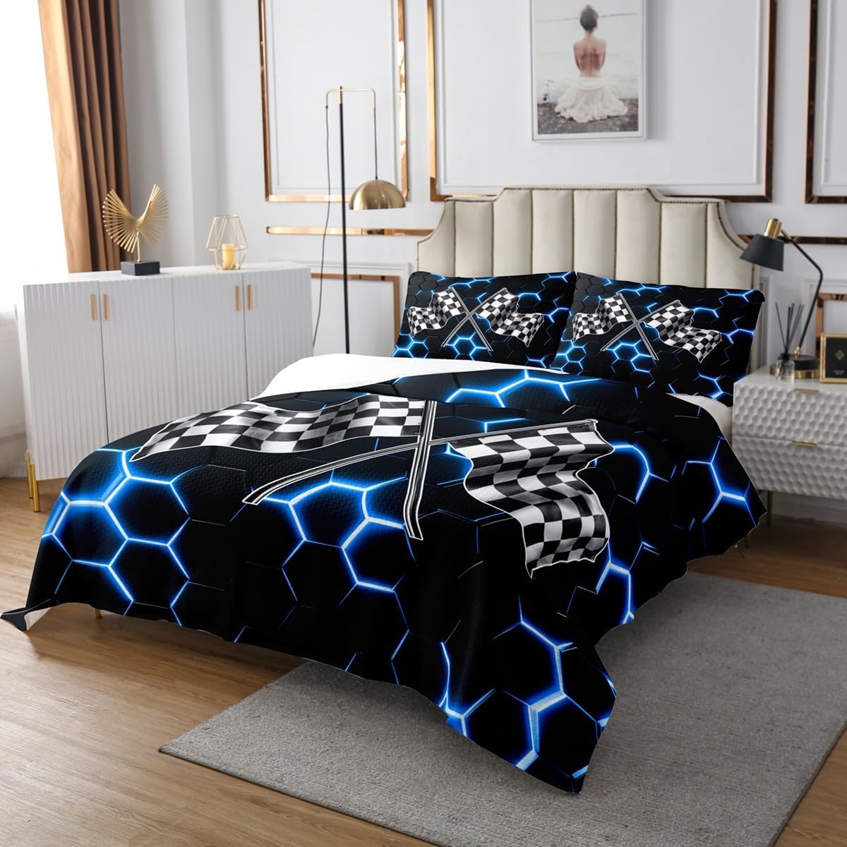 Race Car Gaming Bedding Set King Size for Kids Boys Glowing Honeycomb Bedspread 3pcs Black White Neon Blue Comforter Set Teens Fashion Sports Car Raceing Quilt Set with 2 Pillowcases
