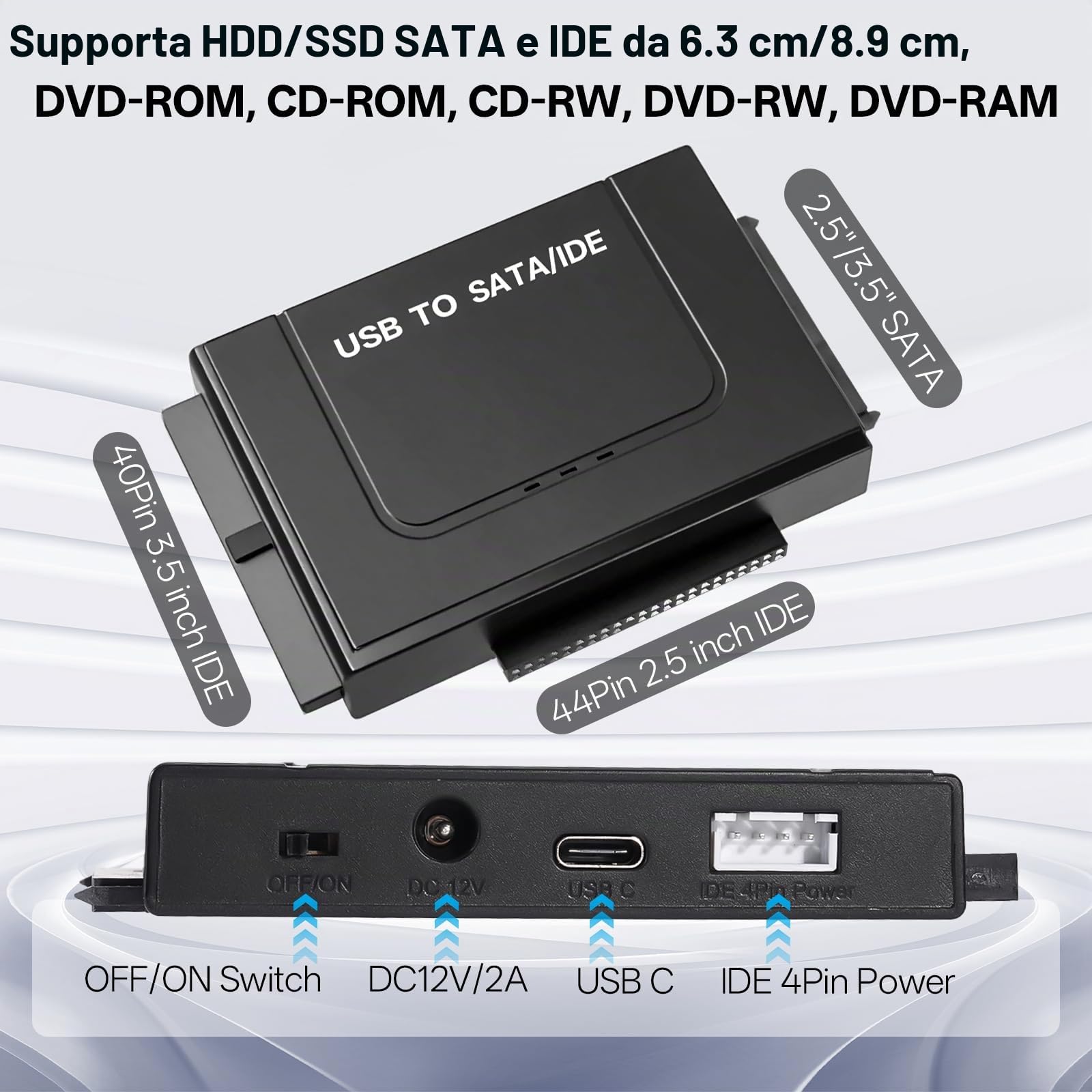 6Gbps Adattatore USB3.1 IDE e SATA, USB3.1 a SATA IDE Adattatore per Disco Rigido ConvertitoreSATA&IDEper Unità HDD o SSD da 2,5 e 3,5 Pollici,Compatibile Windows10/8/7/XP/Vista/MacOS/Linux