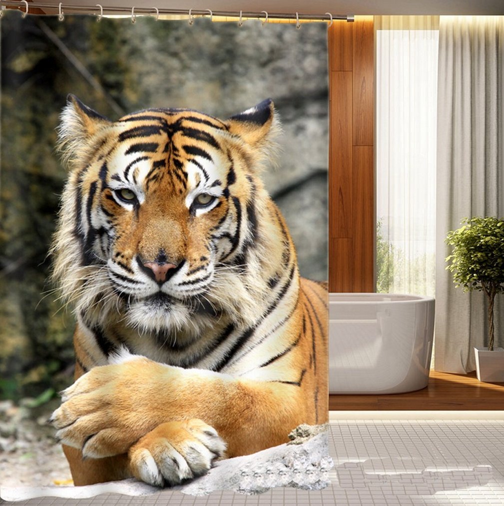 Waterproof Mouldproof Opacity Bath Shower Curtain with 12 Hooks (3D Tiger Digital Printing),180x 180cm