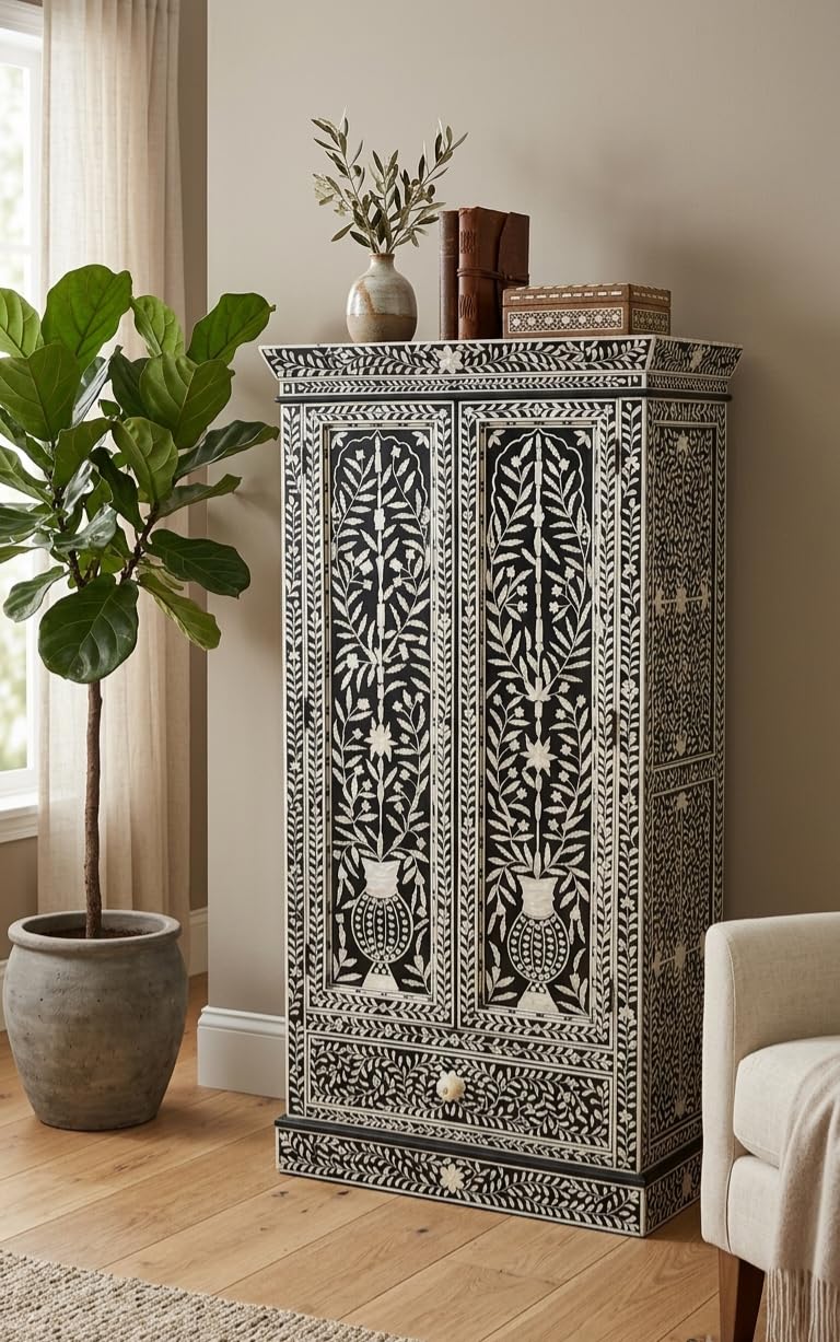 Bone Inlay 2 Door Armoire Cabinet with 1 Drawer and 4 Shelves, Handmade Black and White Floral Storage Cabinet, Wooden Wardrobe Organizer, L35 x D18 x H70 Inch-image-45
