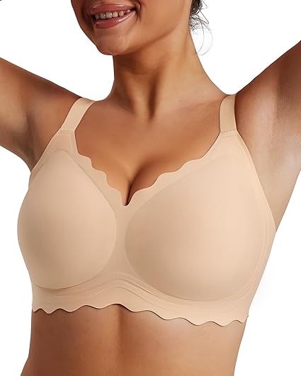 Womens Full Coverage Wire Free Bra - Plus Size Bras with Support and Lift Scalloped Everyday Comfort Bralettes