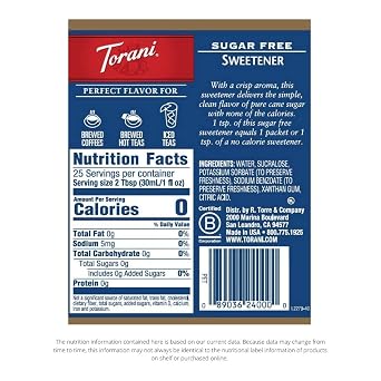 Torani Sugar Free Sweetener Syrup, 25.4 fl oz, 4 Pack