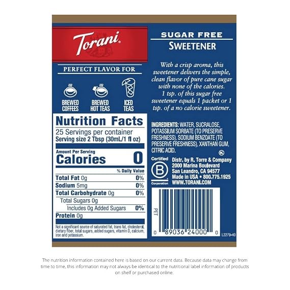 Torani Sugar Free Sweetener Syrup, 25.4 fl oz, 4 Pack