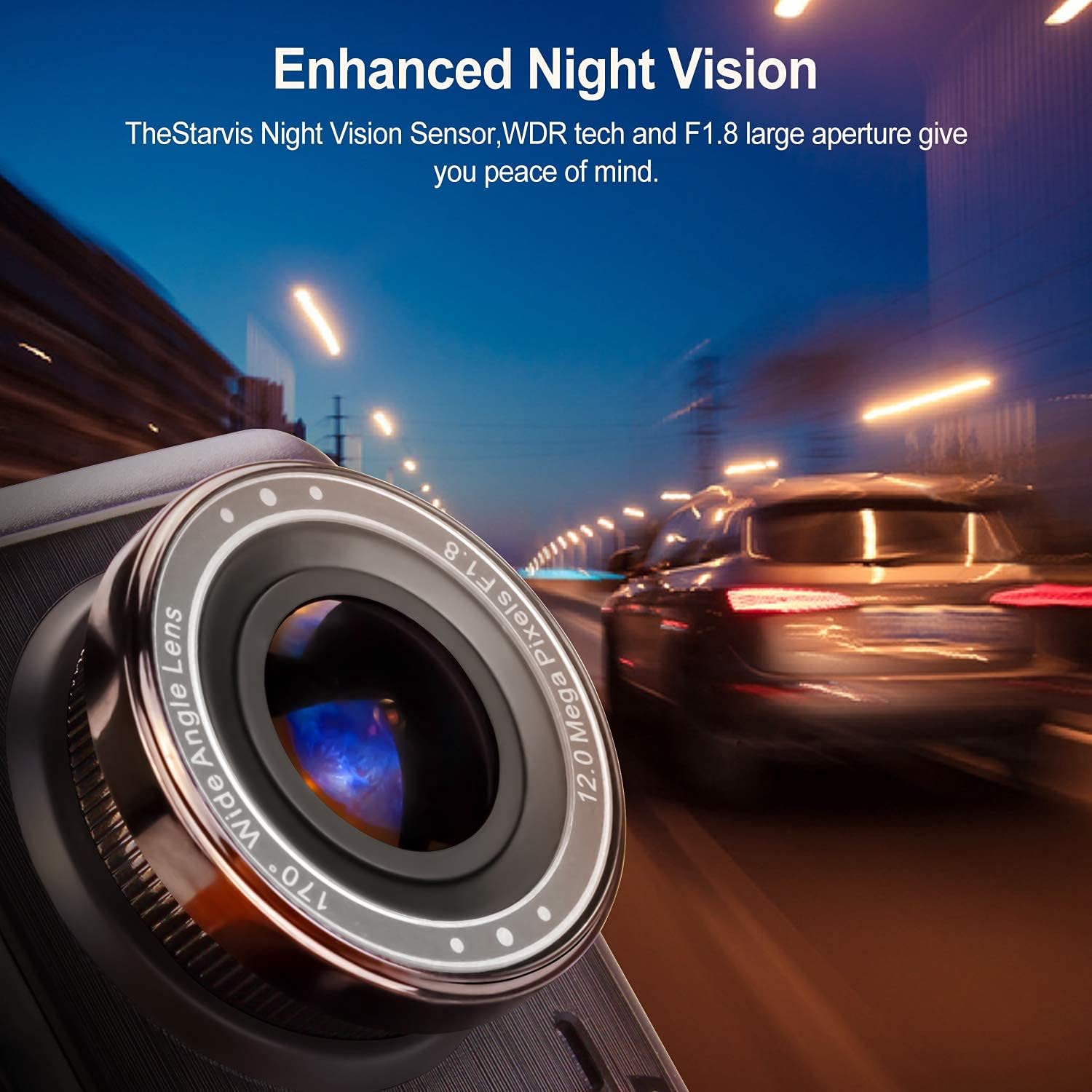 Close-up of the dash cam lens with a blurred night road scene in the background, highlighting enhanced night vision.