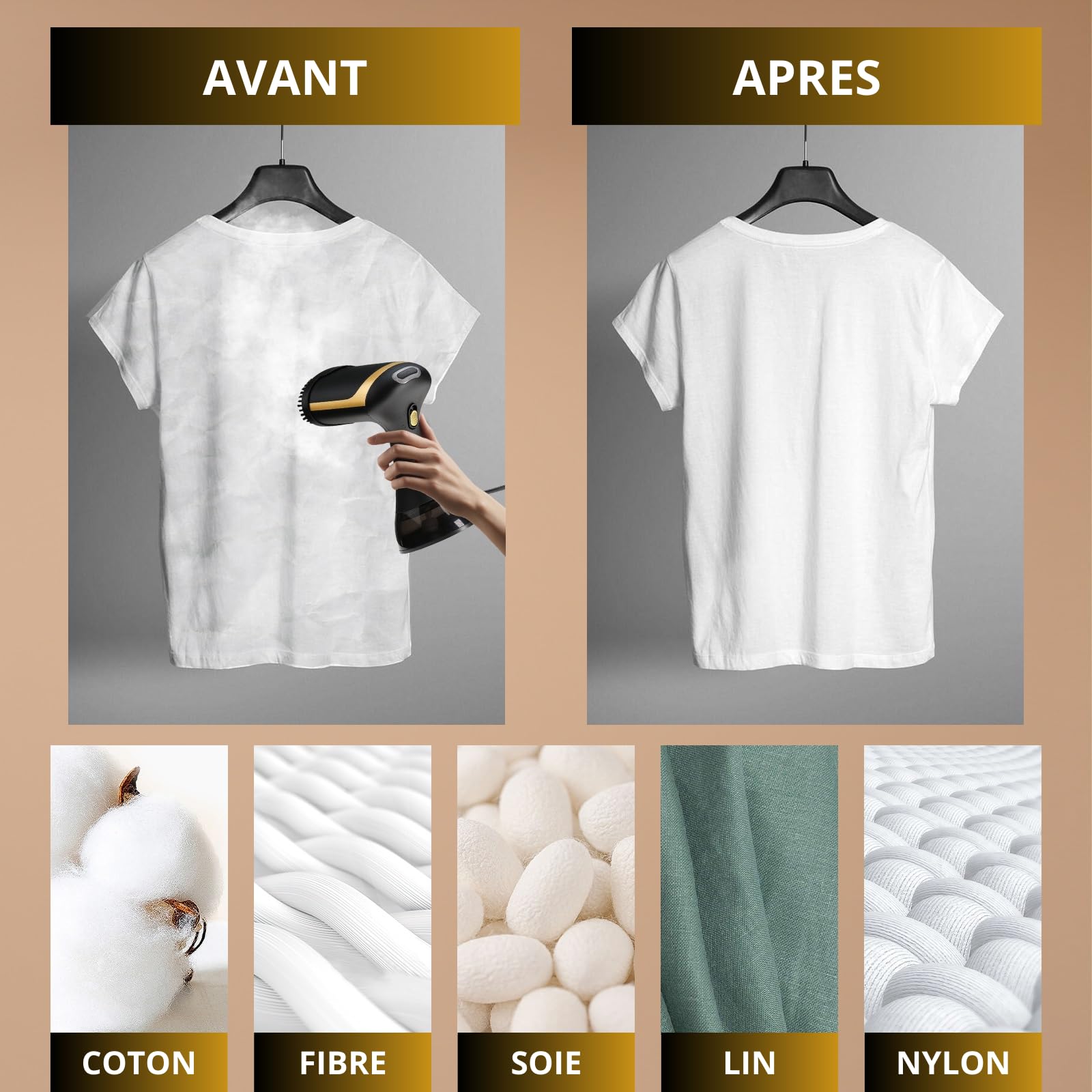 Défroisseur Vapeur Portable 1500W – Réservoir 300ml – Chauffe Rapide & Compact – Défroisseur à Main Puissant pour Vêtements, Chemises, Robes, Rideaux – Idéal Voyage et Maison – Noir & Doré