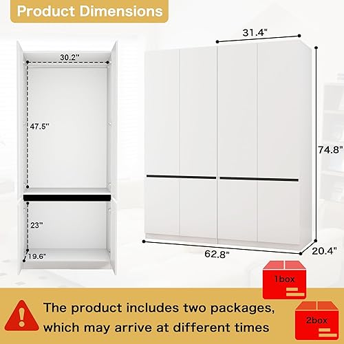 Miniatura 2 de Armario blanco Armario Armario: Armario de madera de 74 pulgadas con 4 puertas, Armarios de dormitorio con barra para colgar, armario alto para