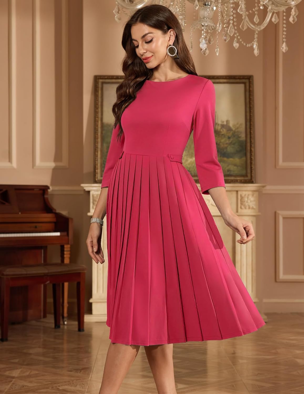 DRESSTELLS Cocktail Dress for Women, 2025 Fall Long Sleeve Formal Wedding Guest Church Evening Party Aline Fit Flare Pleated Swing Midi Dresses Red M - Image 6