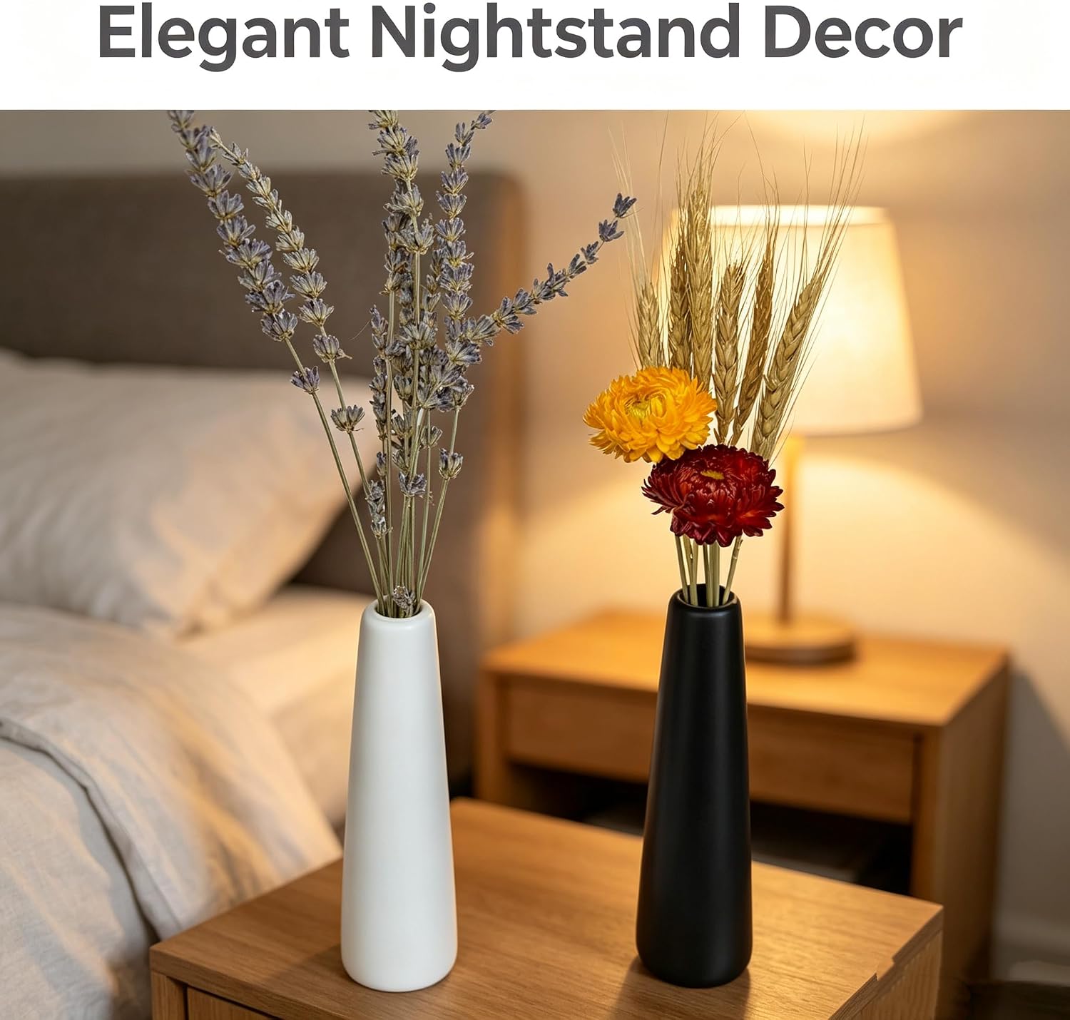 2‑Pack Shatter‑Resistant Vase Set with Natural Dried Flowers, Black and White Vases, Dried Lavender, Strawflower & Wheat Stalks, 17 Inch Minimalist Tabletop Decor for Entryway, Bedroom, Home & Office