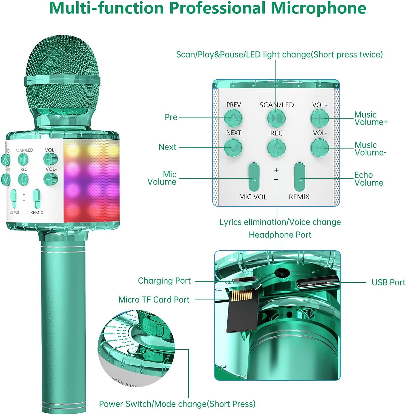 OVELLIC Karaoke Microphone for Kids, Wireless Bluetooth Karaoke Microphone with LED Lights, Portable Handheld Mic Speaker Machine, Great Gifts Toys for Girls Boys Adults All Age (Green)