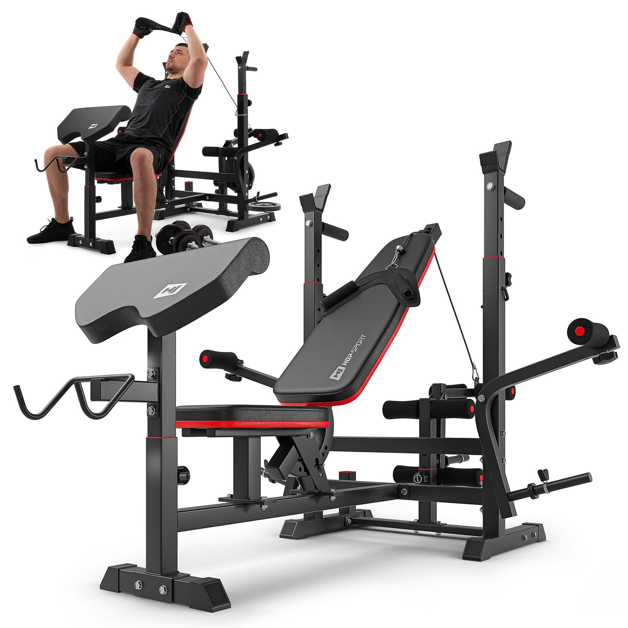 Hop-Sport Hantelbank, Multifunktionale Trainingsbank mit Butterfly, Beincurler & Curlpult, Verstellbare Langhantelständer, Heimfitness Kraftstation, 270 kg Belastbarkeit