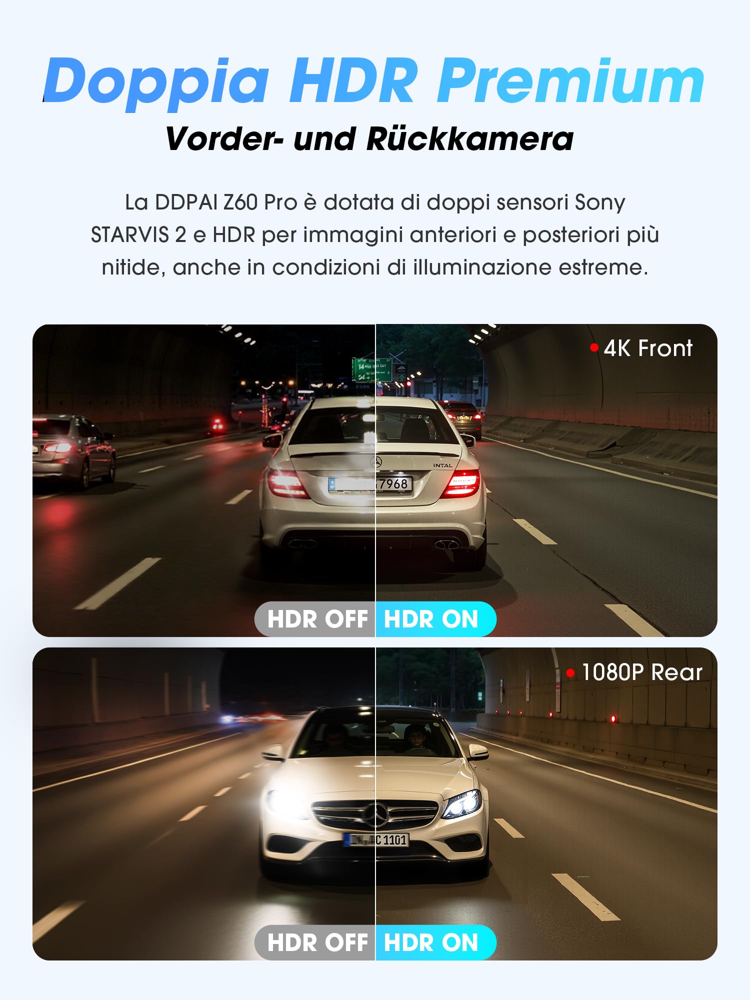DDPAI Z60 Pro Dashcam Auto 4K, Dual STARVIS 2 IMX678 60FPS HDR, eMMC Integrata 32GB + Scheda 128GB Gratuita, Visione Notturna AI-ISP, 4G LTE, WiFi 5GHz, GPS, Modalità Parcheggio 24h, Schermo IPS 3"