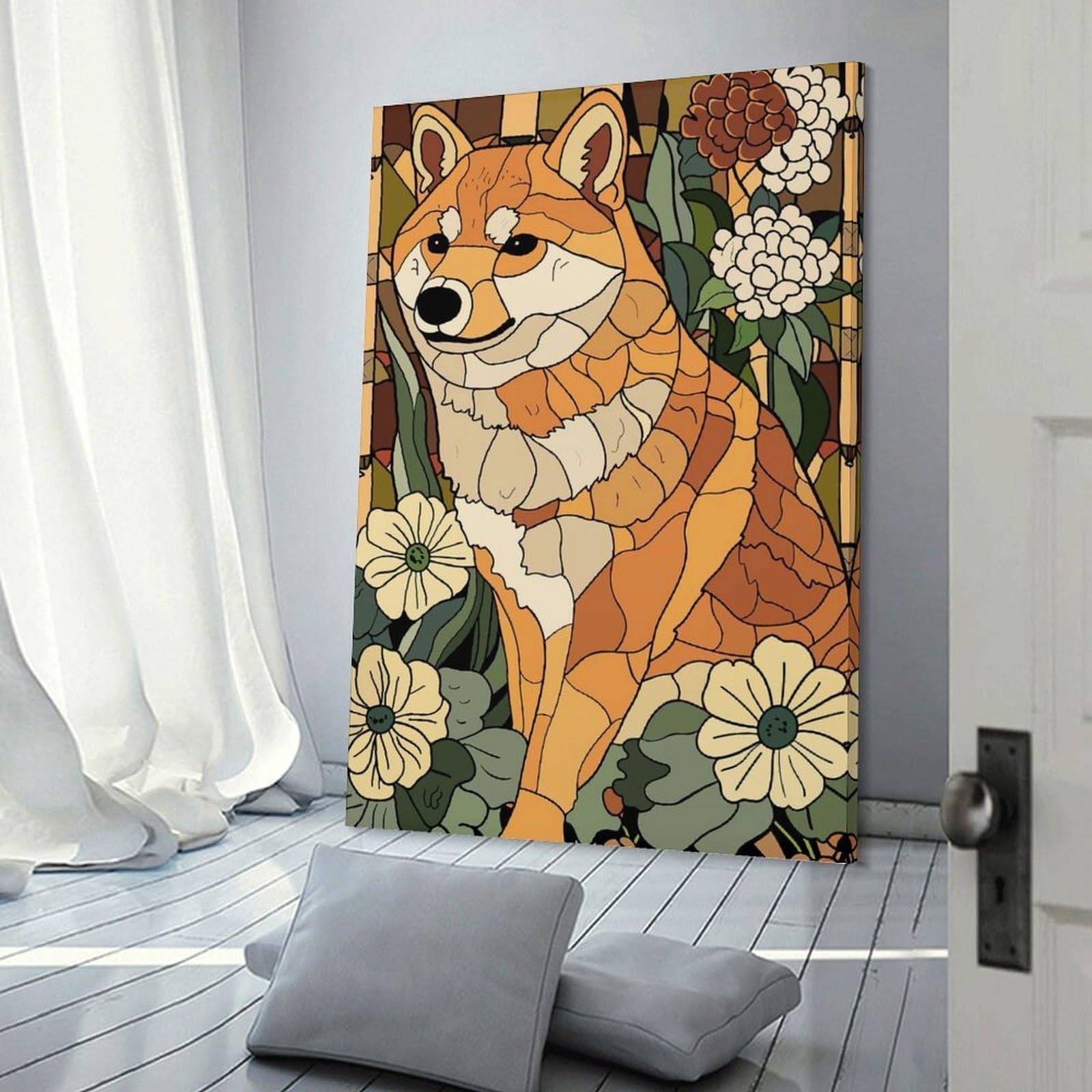 Junmoney Frame-Style-3-1 Canvas Art Print Shiba Inu In A Floral Setting, 20X30inch(50X75cm), For Office, Study Or Home Workspace, Home Office Artwork With Decorative Appeal