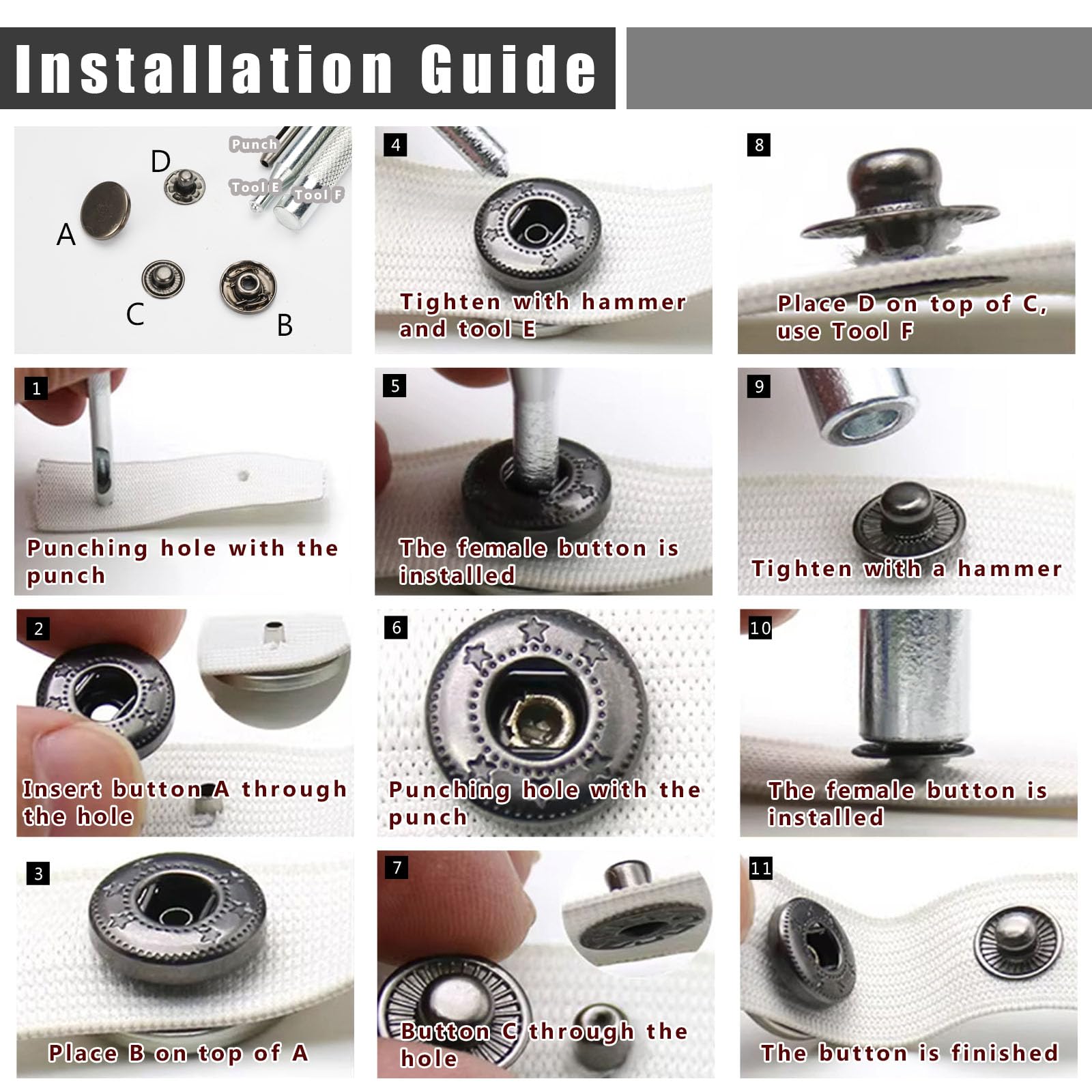 24 Set Boutons Pression en Métal, Basicon Pression Bouton Fixation 15mm avec 3 Outils de Réglage Boutons Pression à Coudre Craft Pour Cuir Artisanat Veste Portefeuille Sac à Main, 2 Couleurs