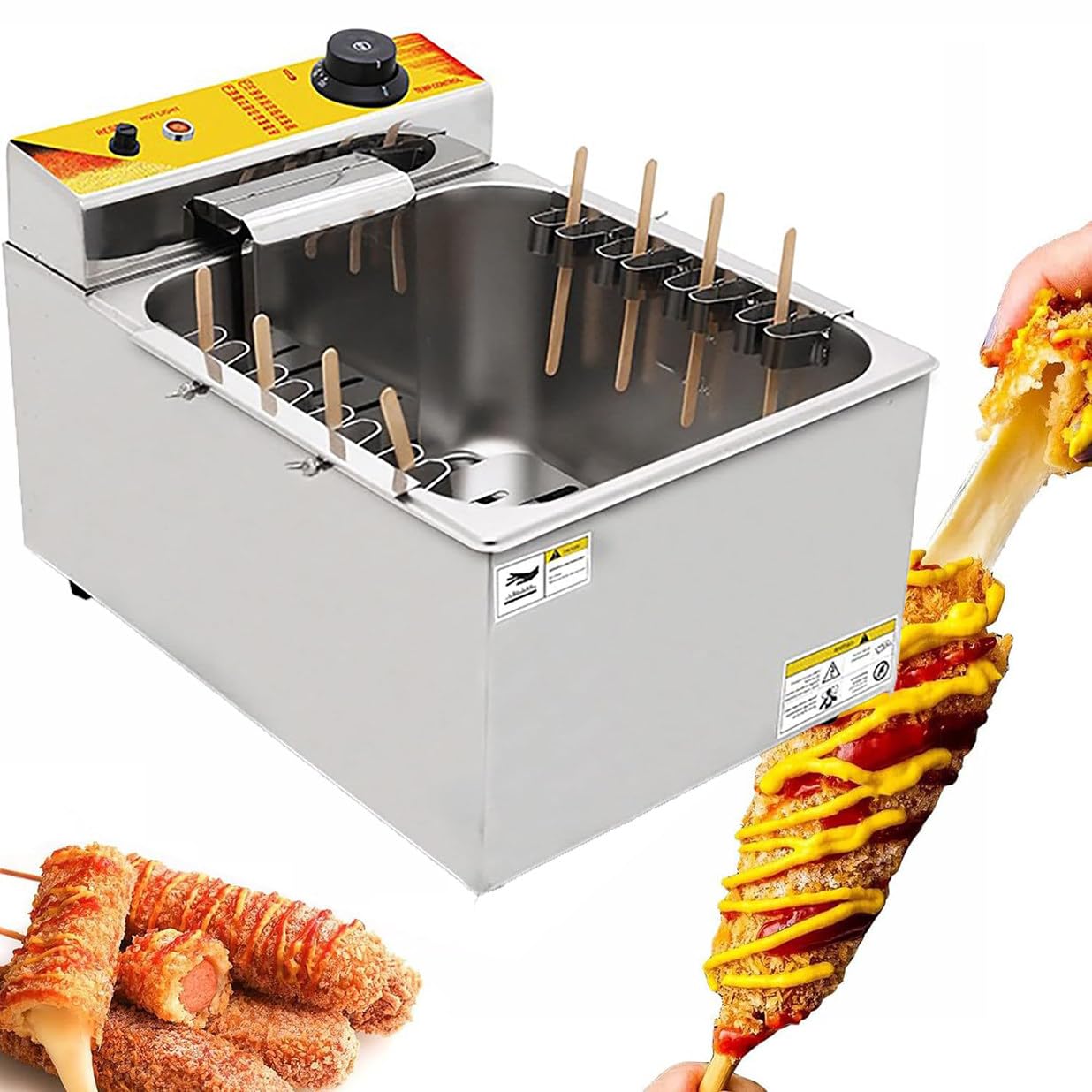 IUokLU 1900W Countertop Stainless Steel Commercial Kitchen Fat Fryer,12L Large Capacity Electric Deep Hot Corn Dog Fryer,8pcs Sausage Frying Equipment