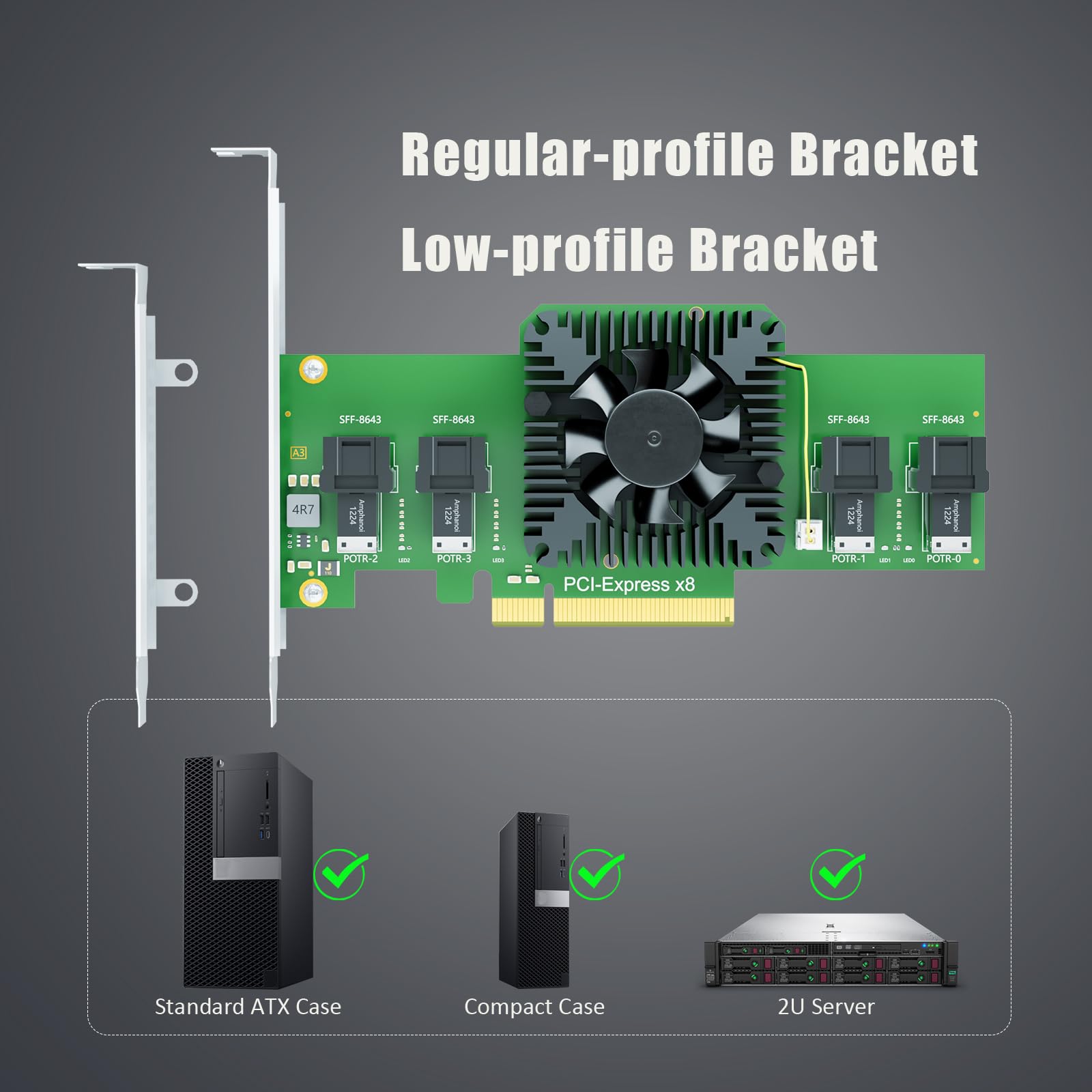 GLOTRENDS SF44 Carte Adaptateur 4 Ports SFF-8643 (Mini-SAS HD) vers PCIE 3.0 X8 avec Fonction de Bifurcation PCIe, Support Standard et à Profil Bas