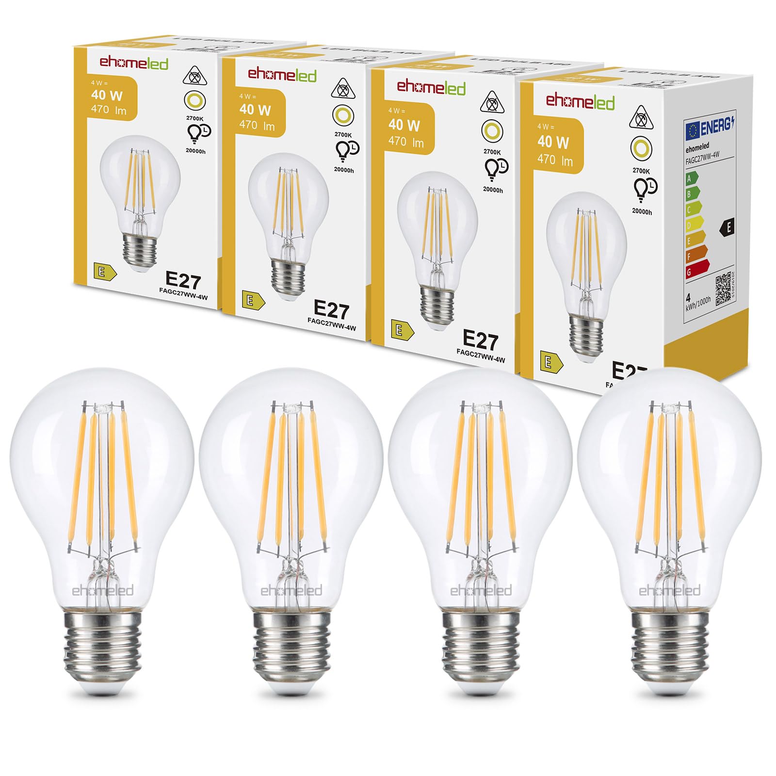 ehomeled E27 LED Edison Glühbirne Vintage Warmweiß (2700K), Klares Glas & Filament, 470 Lumen 4W (=40W), Retro LED Birne, Energiesparend, Ideal für Wohnzimmer, Schlafzimmer & Deko, 4er-Pack