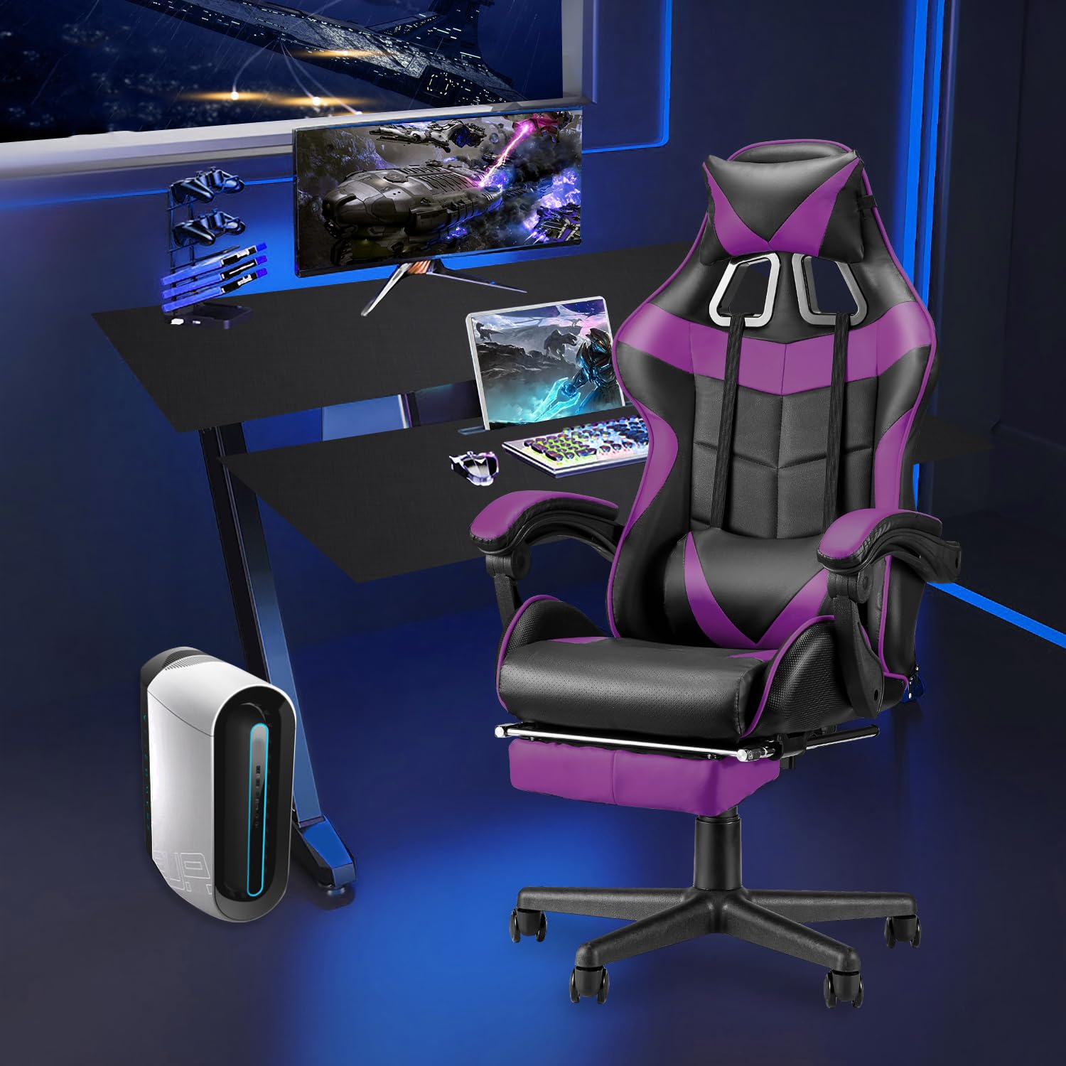 Huracan Gaming-Stuhl Ergonomisch, Gaming Chair PC Stuhl mit Massagefunktion, Atmungsaktiv PU-Leder, Höhenverstellbar Gamer Stuhl, verstellbare Armlehnen, Kopf- und Lendenstütze für Gamer, Lila