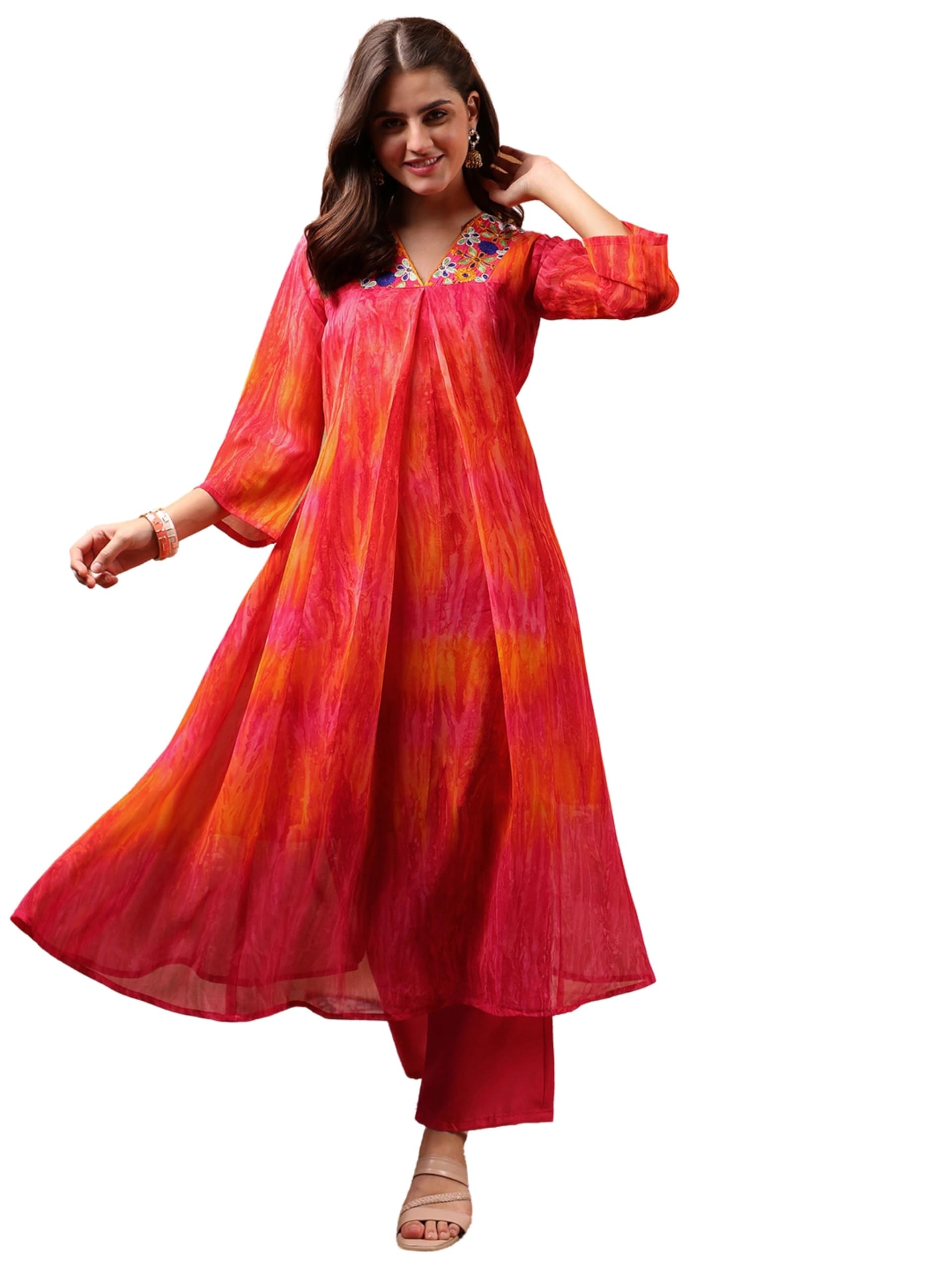 ethnicjunction Women Georgette Relaxed Fit Tie & Dye & Embroidered A-Line Flared Kurta,Summer Kurta,Kurta For Office,Long Kurti-picture-16