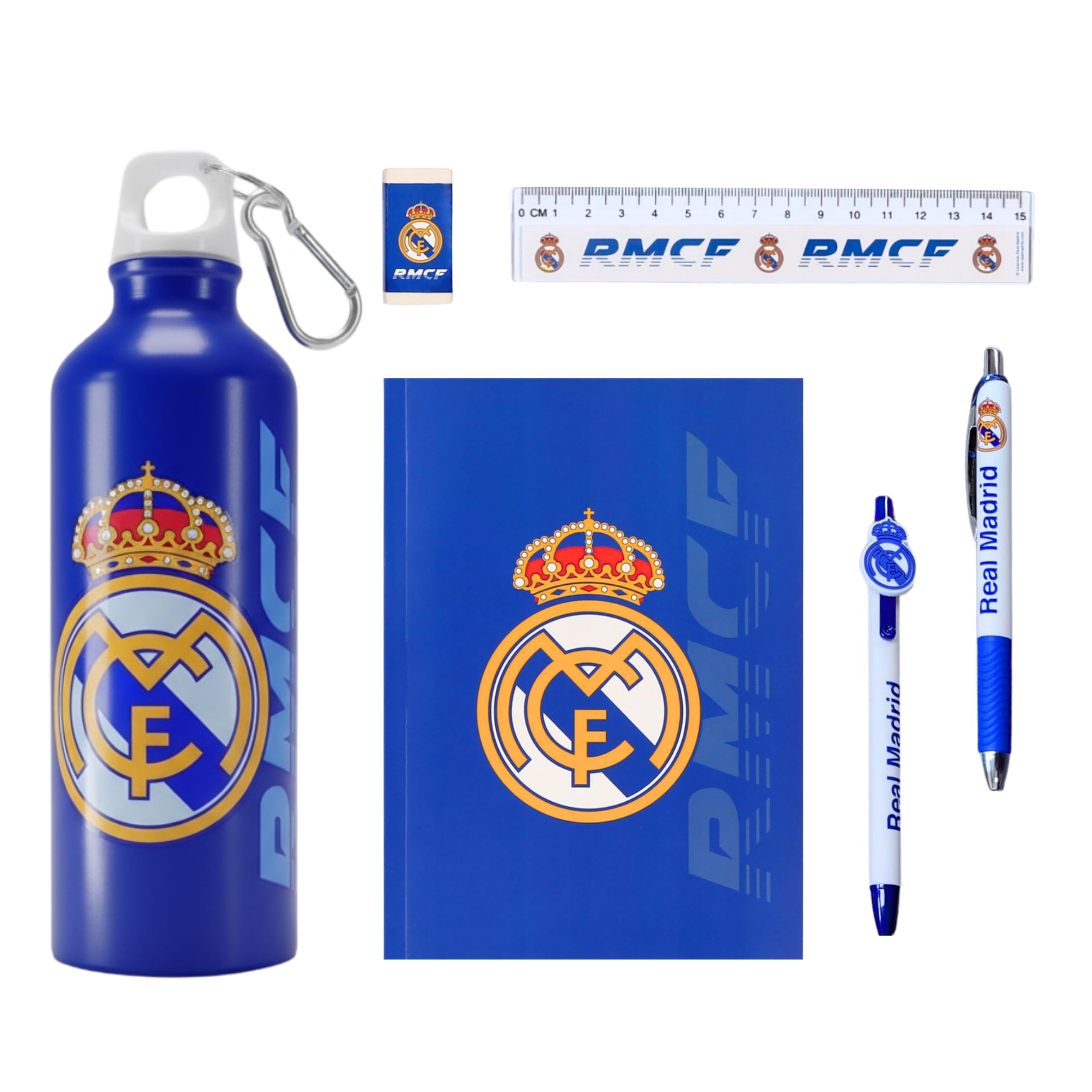 CF REAL MADRID Juego de Papelería para Niños, Incluye Cuaderno Boligrafos Regla Borrador y Botella Cantimplora 650ml, Regalo para Niños