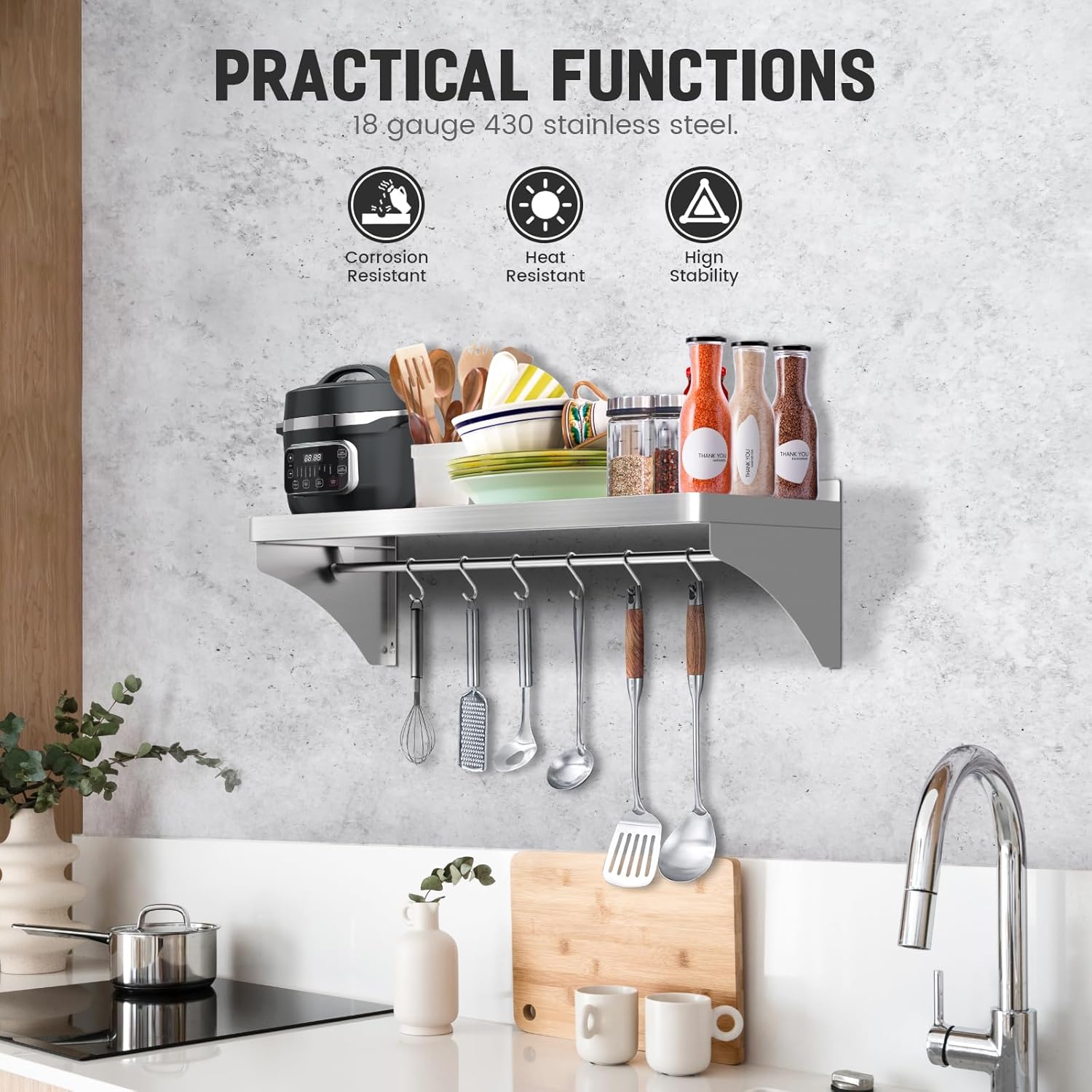 Commercial Stainless Steel Shelf 36" x 12" - 250lb Load Capacity, Heavy Duty Stainless Steel Wall Mounted Kitchen Shelf with Backsplash & 6 Hooks for Restaurant, Laundry