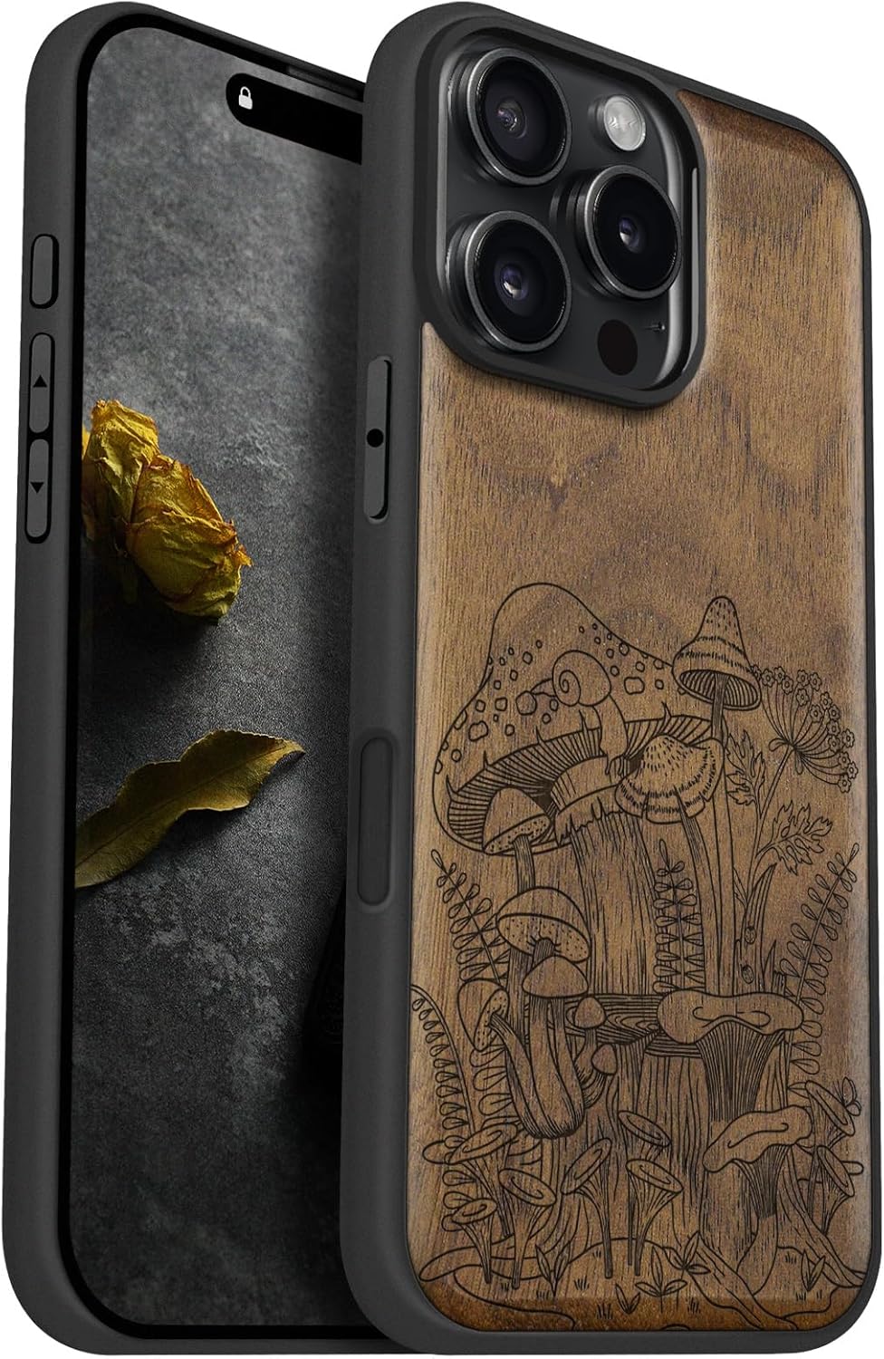 Carveit Magnetic Wooden Case for iPhone 16 Pro Max Case, Wood Artisan Engraved & Black Soft TPU Shockproof Cover, Compatible with MagSafe Wireless Chargers (Vintage Mushrooms) Walnut
