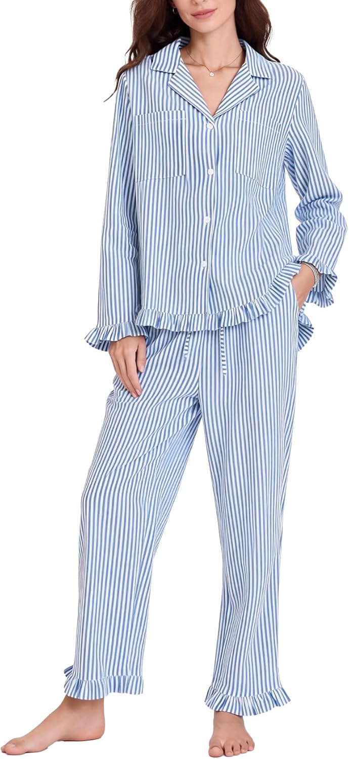 Flygo Womens Striped Pajama Sets 2 Piece Cotton Lounge Sets Button Down Top Straight Leg Pants with Pockets Y2K Pjs Sleepwear