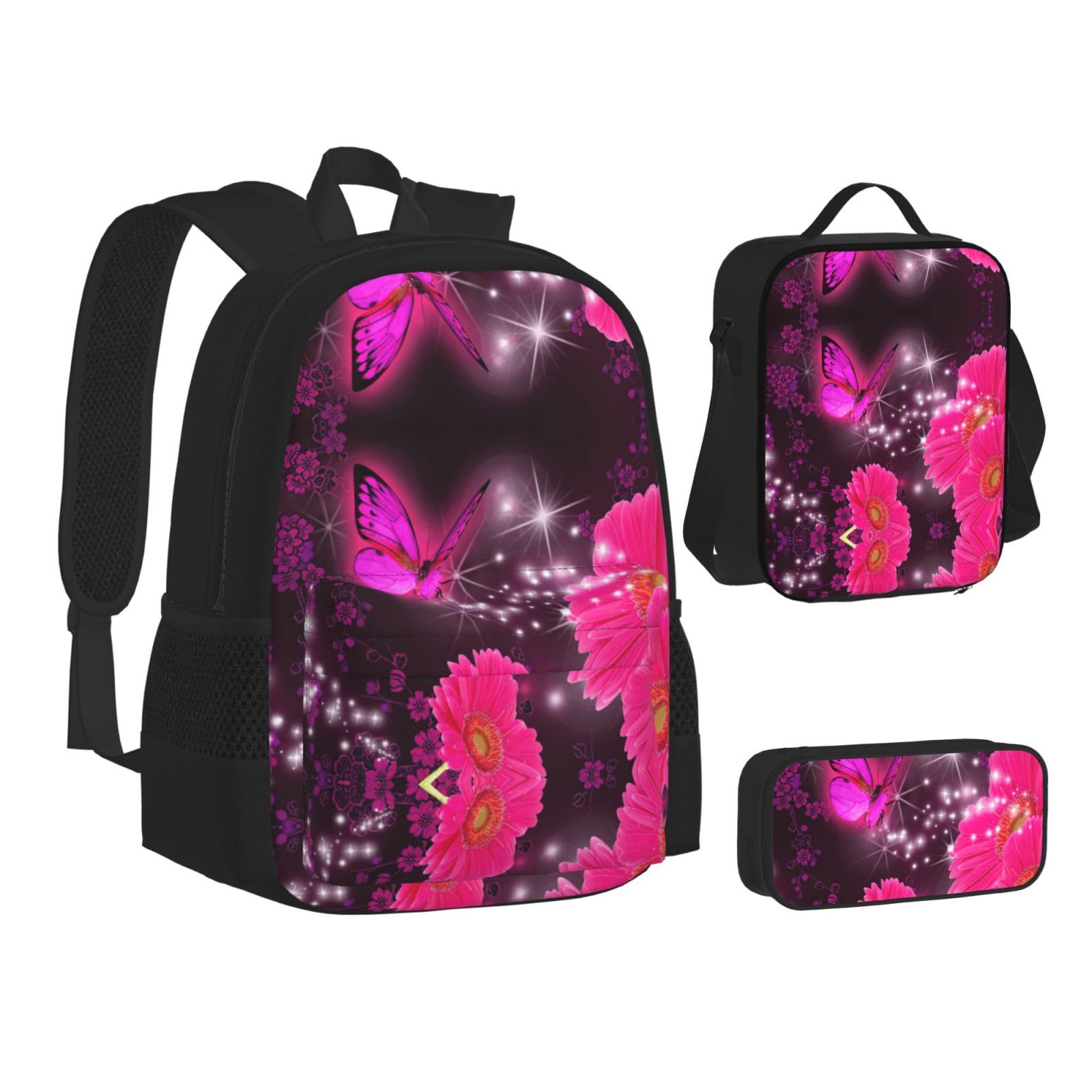 Juego de 3 mochilas escolares con estampado de mariposas moradas y flores rosadas, mochila para laptop resistente al agua de gran capacidad con bolsa de almuerzo aislada y estuche para lápices para