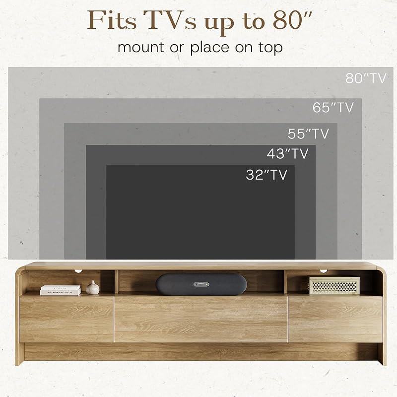 70" Modern Rounded-Corner TV Stand for 70-80 Inch TVs(Natural Oak) image 3