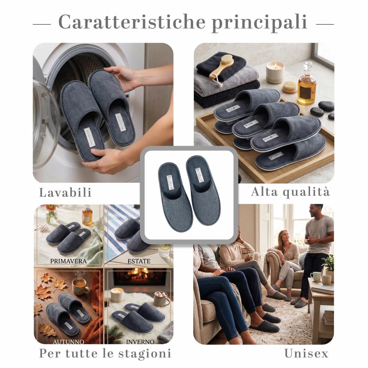 Set 6 Paia Ciabatte Ospiti Lavabili Lavatrice | 3 Tortora (fino al 40) + 3 Antracite (fino al 43) | pantofole per ospiti Antiscivolo, Suola 5mm, Unisex, Ideali per Casa, Hotel, B&B e Spa