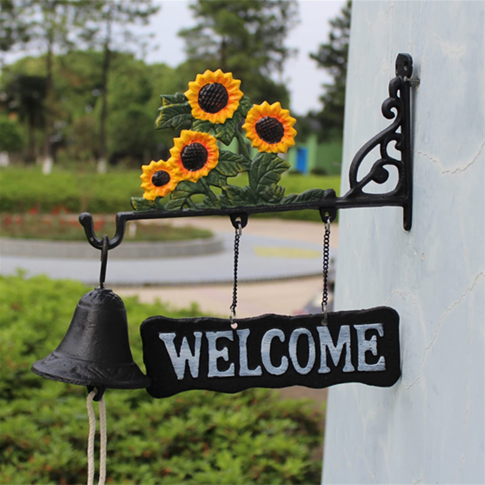 doorbell, Wall Hanging Doorbell Sunflower Cast Iron Hand Cranking Bell with Welcome Signs Plaque