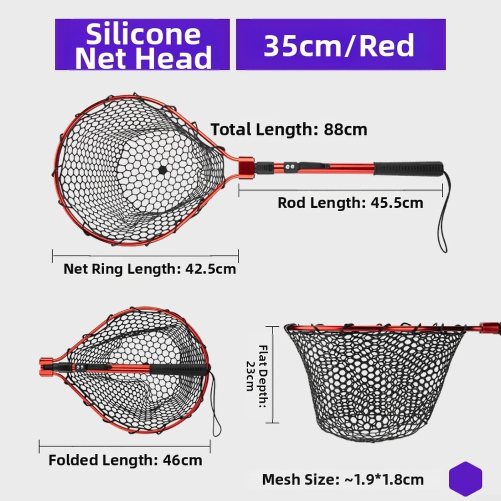 Rete pieghevole retino con maglia in silicone, impugnatura antiscivolo, portata fino a 6,3 kg, per la pesca, gancio per il fissaggio