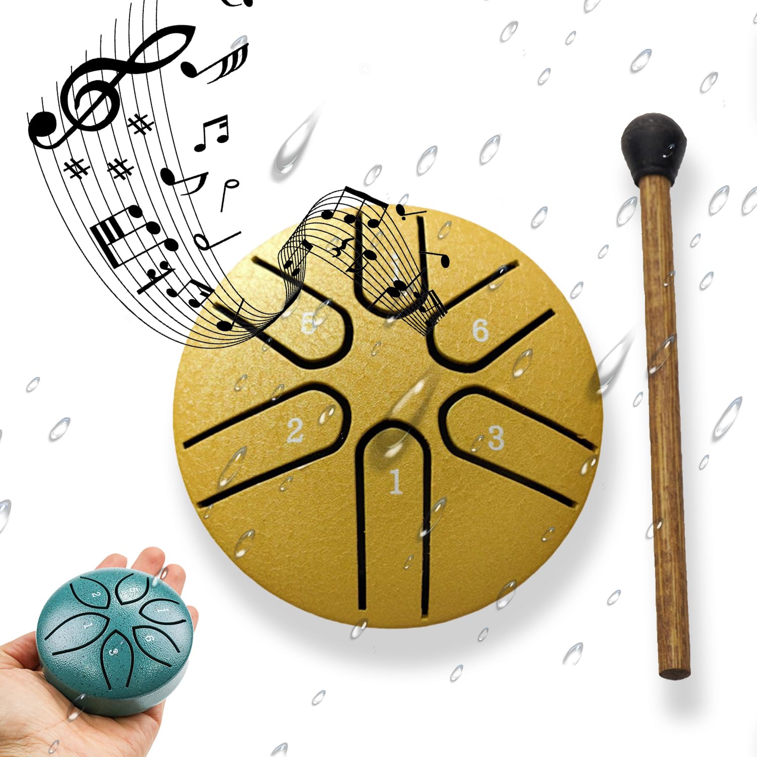 Rain Drum Mini Handpan 3 Pouces 6 Notes - Instrument De Musique Jardin Étanche Noir