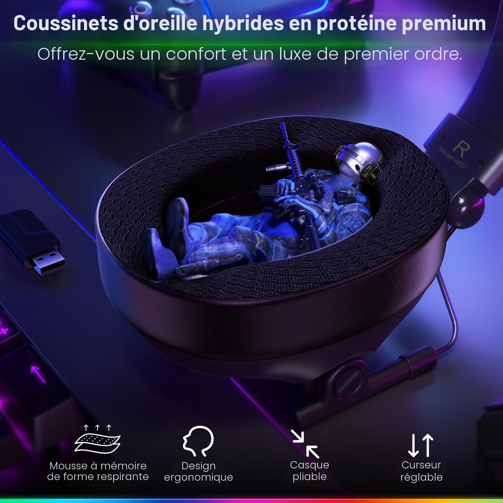 WESEARY WG2 Casque Gaming sans Fil, 2,4 GHz Casque Bluetooth sans Fil avec Micro pour PS5, PS4, PC, Switch, Mac, Mobile, Casque Gaming Pliable avec Son Stéréo et Éclairage LED, Batterie de 50h