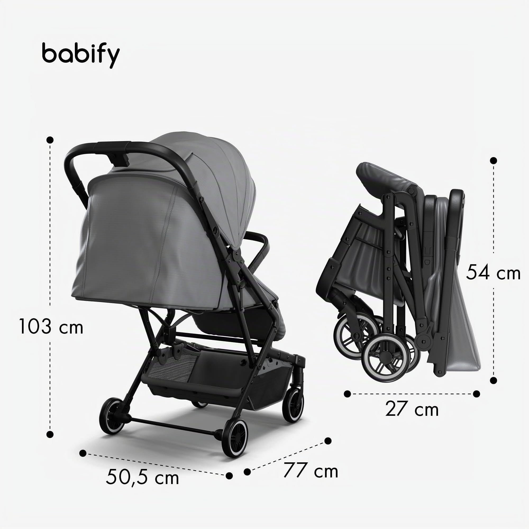 Babify Carrito Bebe Urban Ease - Desde Nacimiento a 4 Años (22 kg), Plegado con Una Mano, Reclinable, Reposapiés Ajustable, Revestimiento Extraíble, Cesta, Capota con Ventana, Silla Ligera, Gris