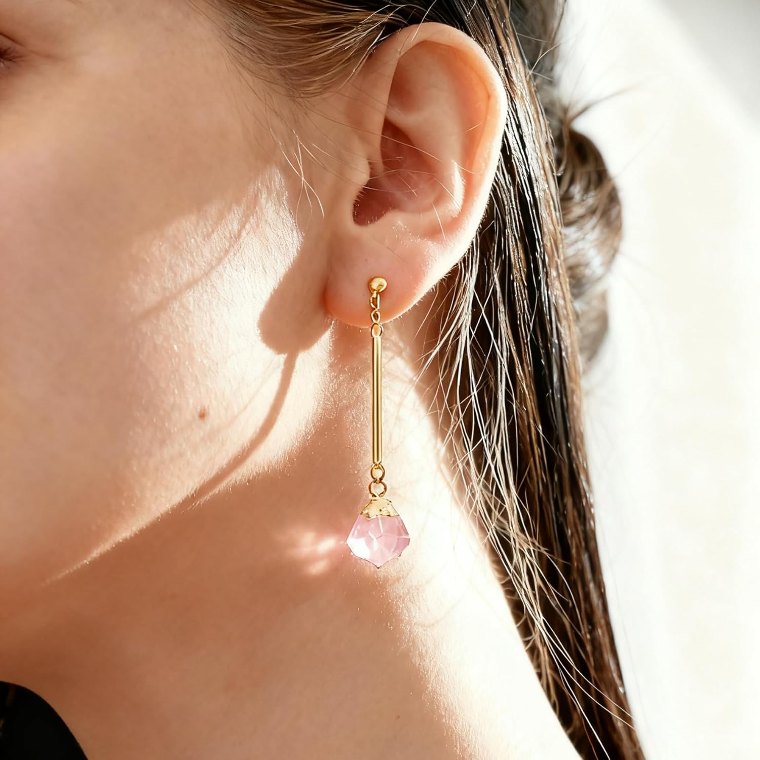 Healing Crystal Earrings with Natural Clear Quartz, Amethyst, Rose Quartz, Black Tourmaline | 18K Gold Plated Dangle Drop Earrings | Women's Jewelry Gift