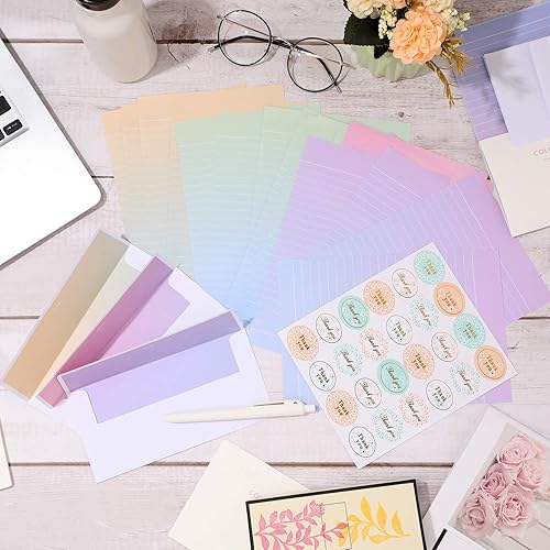 Miniatura 3 de 32 piezas de papel de papelería de escritura colorido sobre de letras y 16 sobres, 24 calcomanías de sobre de impresión de agradecimiento para