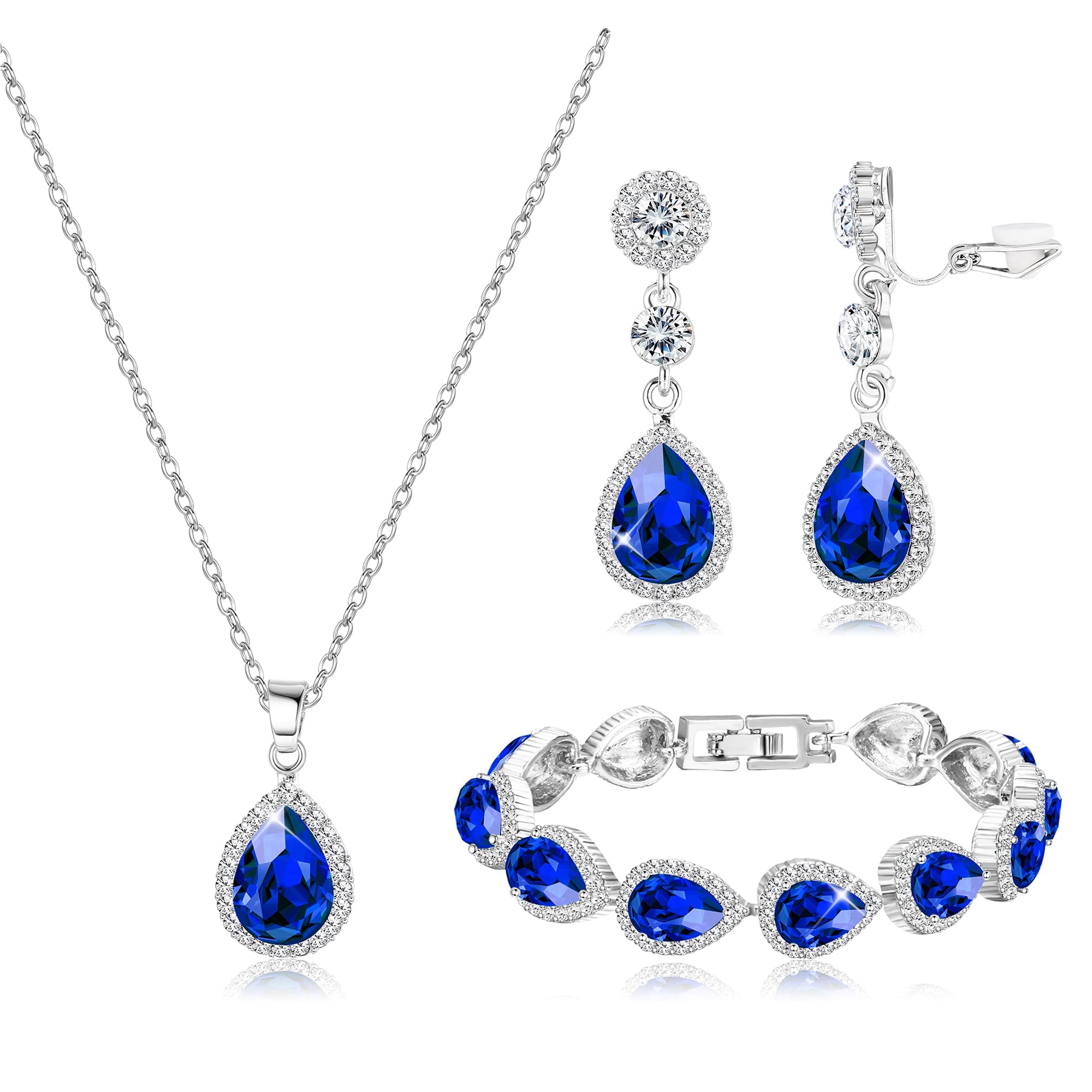 MILACOLATO Joyas De Novia Set Boda Collar De Cristal Pulsera Clip En Pendientes Set Rojo Azul Colgante Lágrima Colgante Clip En Pendientes Prom Novia Fiesta Bijuterias Joyas Mujer