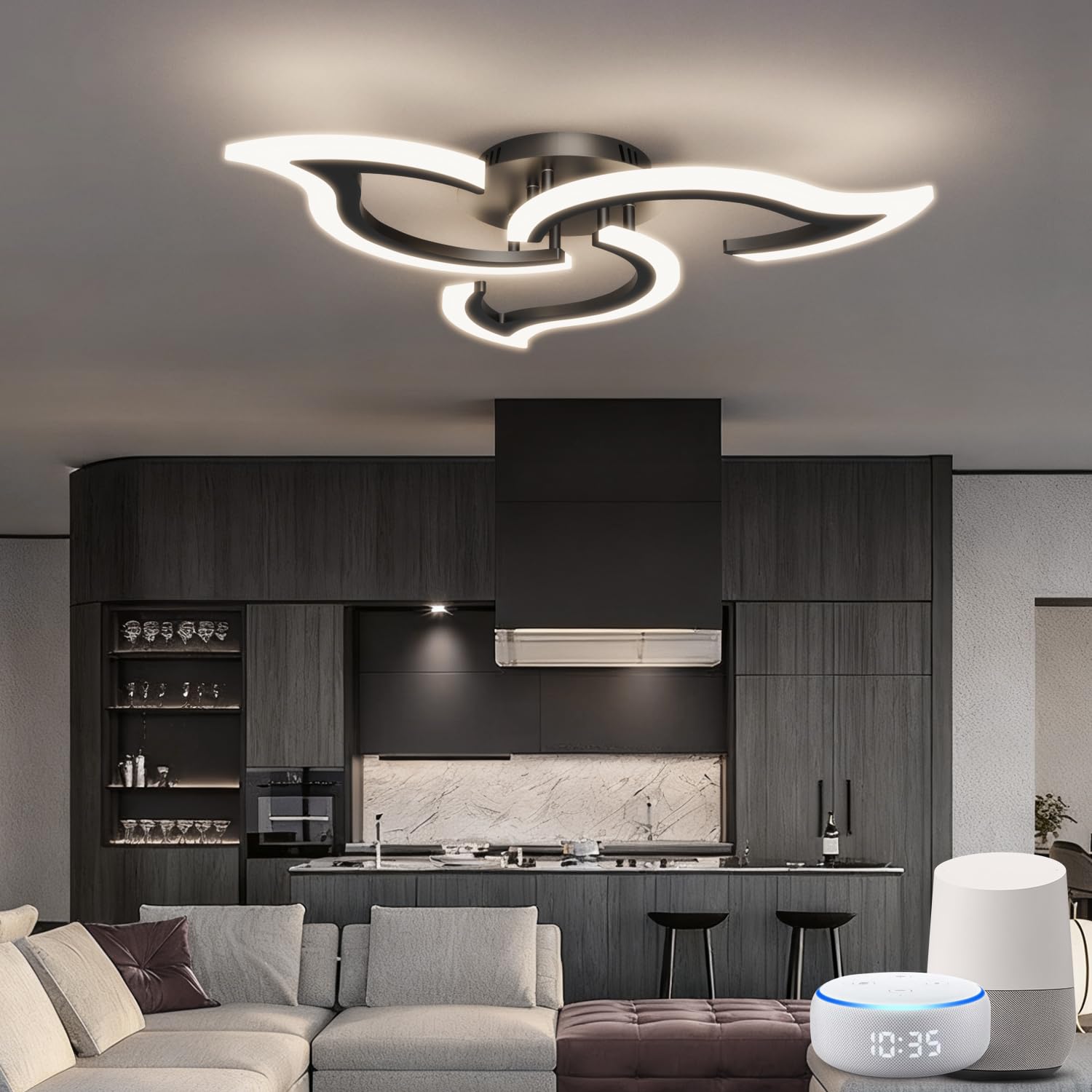 Lámpara de Techo LED Inteligente WiFi, Diseño Moderno en Forma de Flor (67cm), Luz Regulable en Intensidad y Color (3000K-6500K), Compatible con Alexa y Google Home, con Mando, Negro