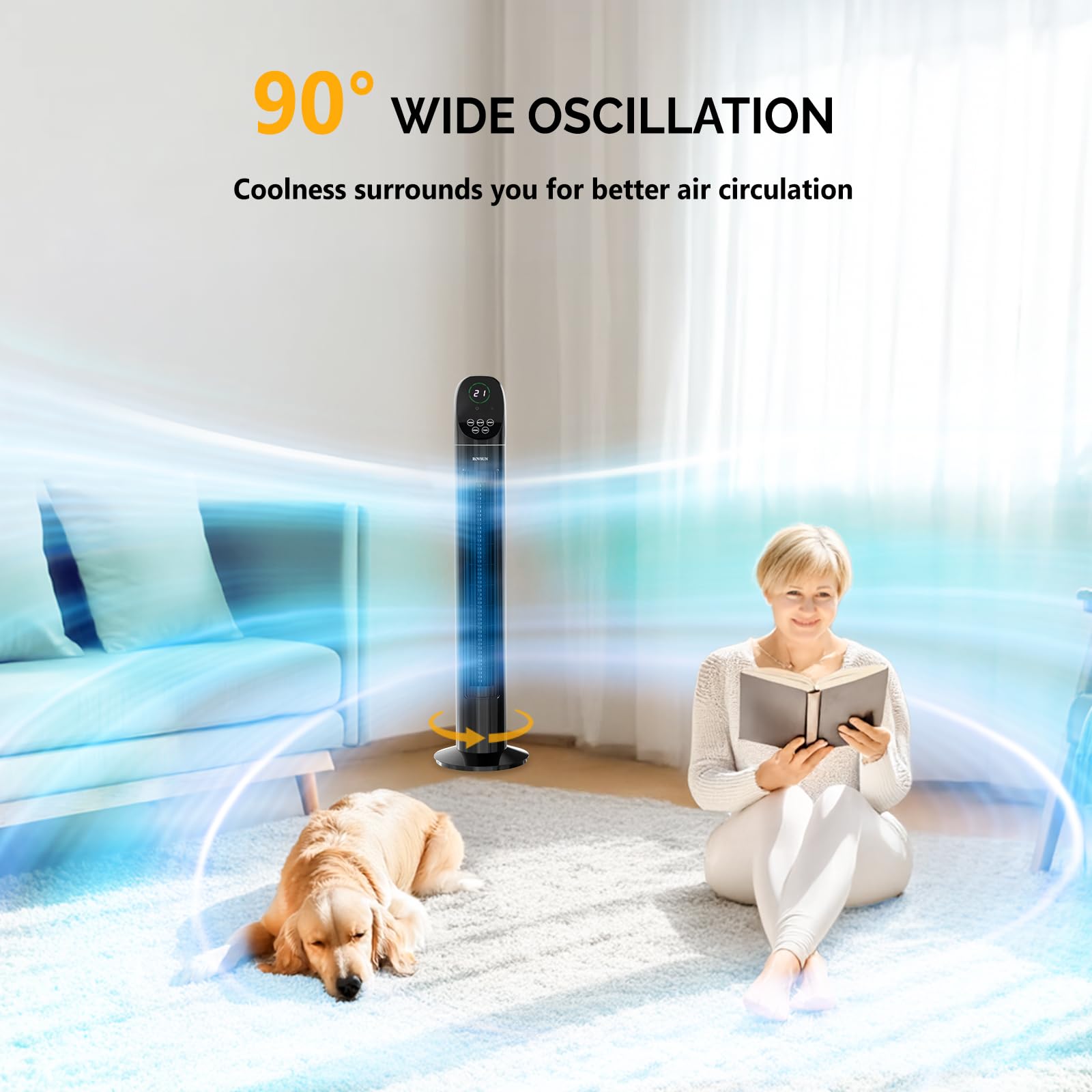 ROVSUN Ventilateur Colonne Silencieux, Ventilateur Tour 34'' (87cm), 35dB, Télécommande, Écran Tactile, Oscillation 90°, 3 Vitesses, 3 Modes, Minuterie 9H, 50W, Noir, Idéal pour Chambre, Salon, Bureau