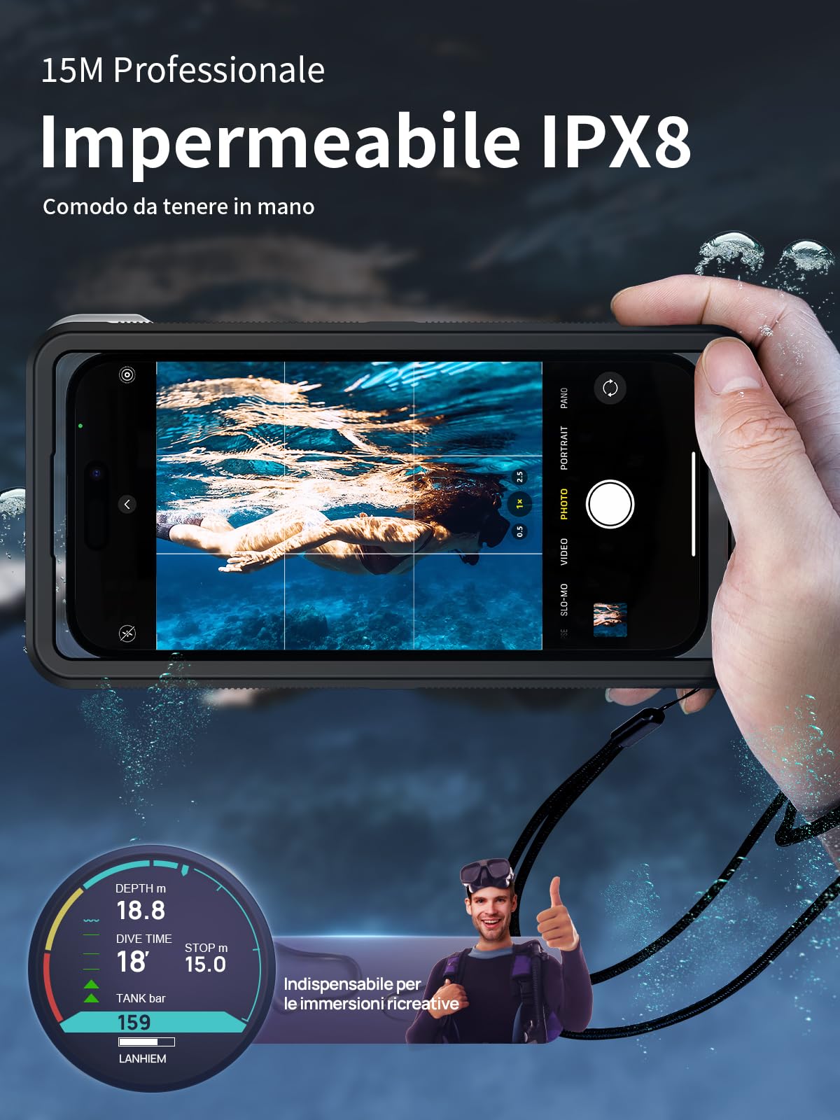 Custodia Impermeabile 15M [Universale] Smartphone IPX8 Cover Subacquea Professionale [Touchscreen Subacqueo] Asciutta Borsa per iPhone Samsung Galaxy Huawei XiaoMi Oppo Vivo Android 4.7-6.9''