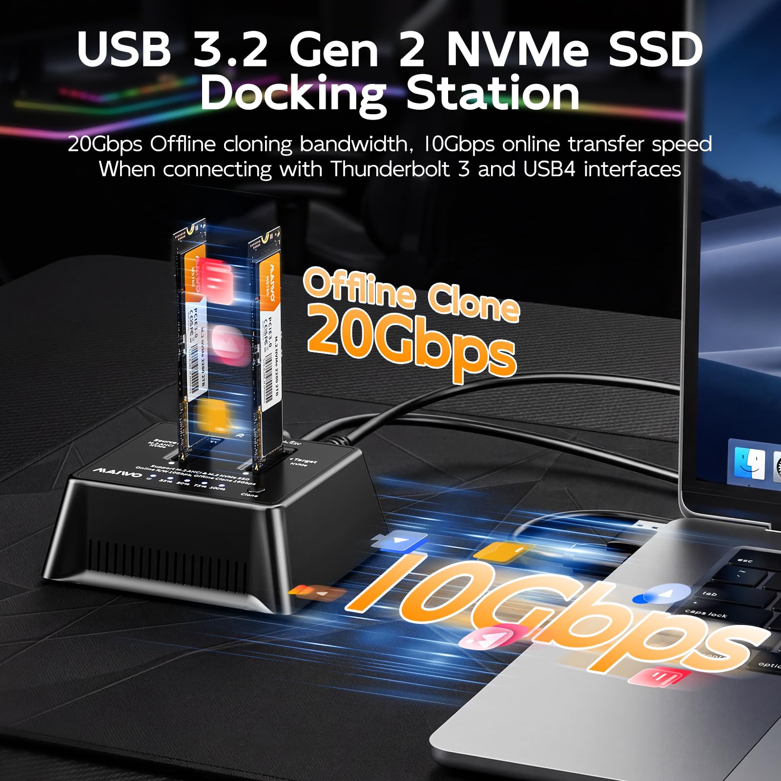 NVME M.2 SSD Cloner, M.2 SSD DUPLICATOR Offline Clone 16 Gb/s ~ 20 Gb/s USB 3.2 Gen 2, podwójna obudowa NVMe obsługuje do 16 TB dla M.2 SSD 2230/2242/2260/2280/22110