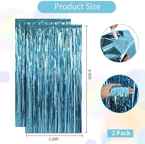 Miniatura 2 de BEISHIDA 2 cortinas de oropel azul claro para puerta, telón de fondo de fiesta con flecos, fondo de pared para cumpleaños, Halloween, Navidad, boda,