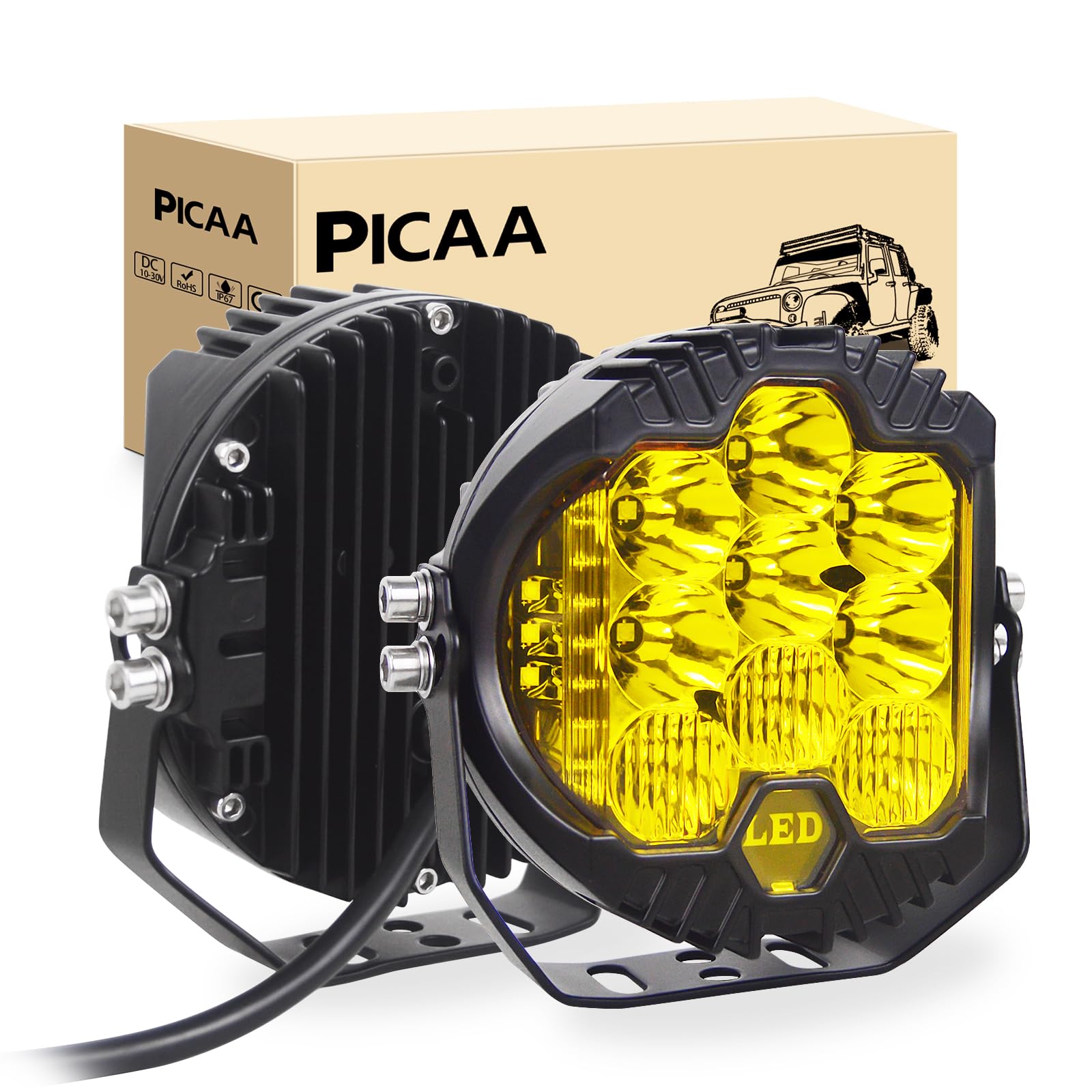 PICAA Reflektor roboczy LED 2 szt. 7 cali 75 W LED ciągnik punktowy 12V-24V 6000K Ambar reflektory LED do ciągników IP68 wodoodporne światło przeciwmgielne samochód, SUV, UTV, ATV, off-road