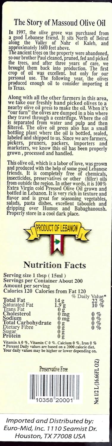 Massoud Extra Virgin Olive Oil 2 Pack (16.66 Ounce Bottles), First Cold Press, Limited Production Imported From Lebanon