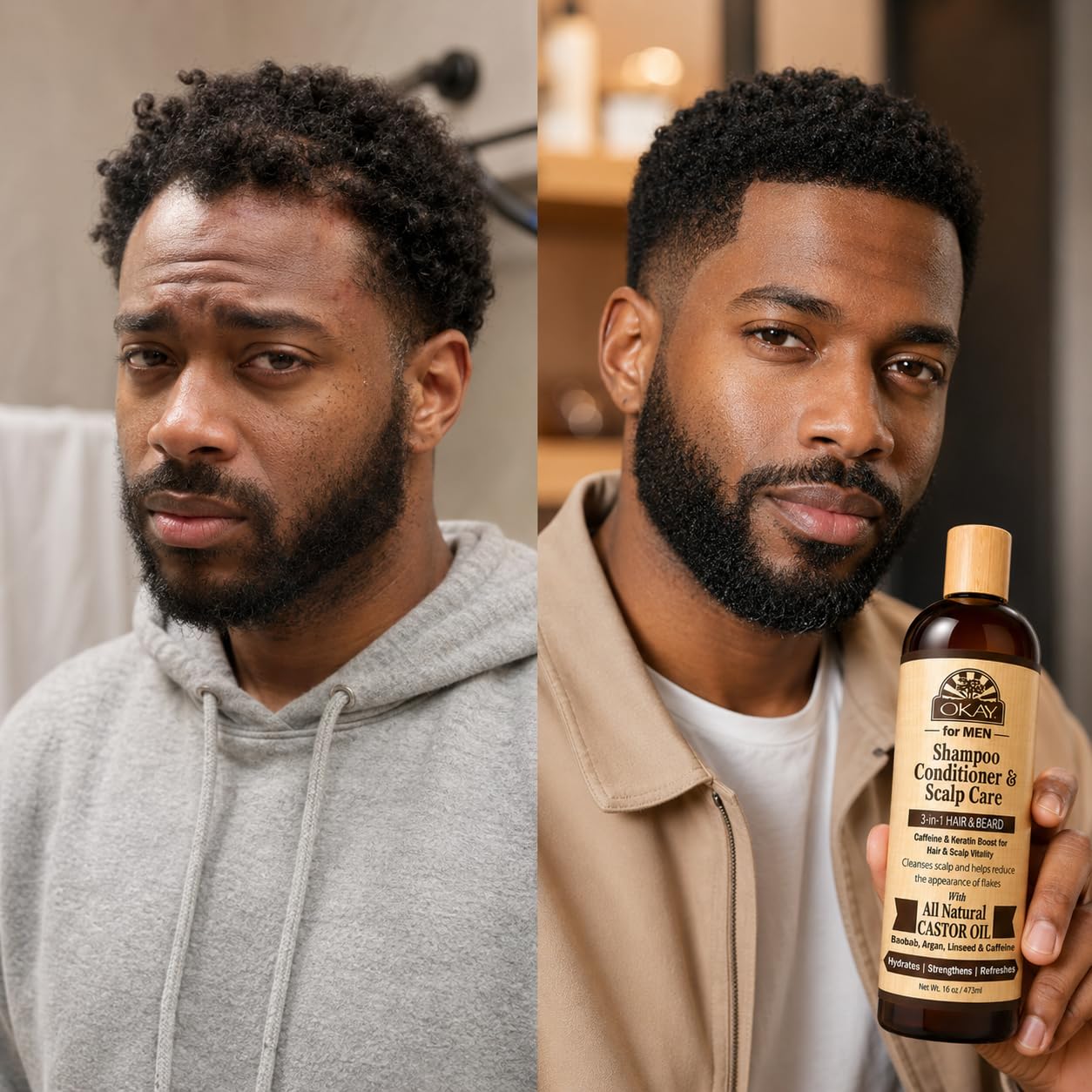 OKAY-MEN 3 in 1 Shampoo and Conditioner - Castor Oil Shampoo and Conditioner, Beard Wash, Clarifying Treatment for Dry Damaged Hair, Dandruff, Curly Hair - 16 Fl Oz (Pack of 1)