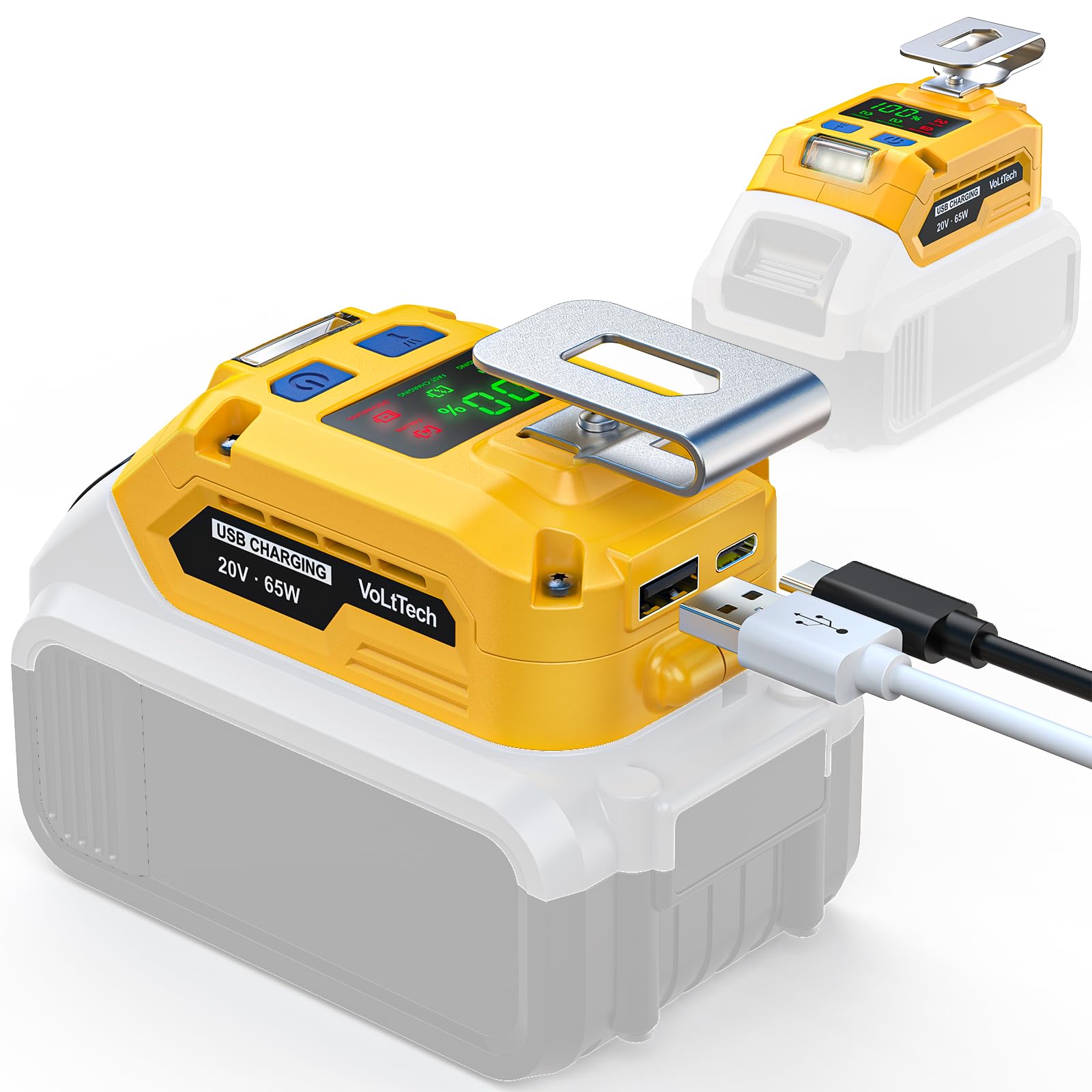 65W Battery Adapter for Dewalt 20V: Cordless Battery Charger Portable Power Inverter Converter with USB-A & Type-C Fast Charging Port & LED Light for Phone, Tablet, Laptop