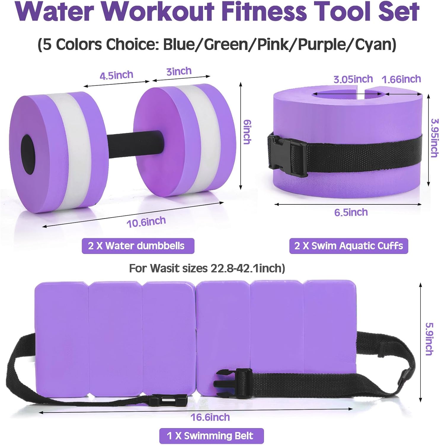 5 Pcs Pool Aquatic Exercise Set Including 2 Lightweight Water Dumbbells, 2 Ankle Swimming Weights, and Swim Belt Water Exercise Equipment for Aquatic Aerobics