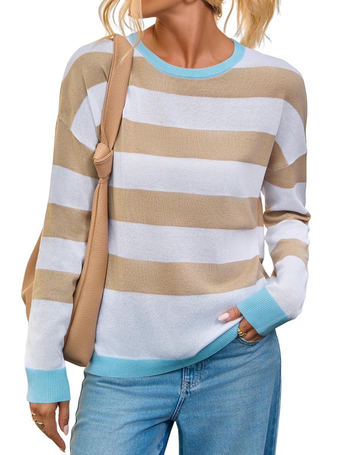 Yousify Womens Long Sleeve Color Block Shirts Casual Loose Fit Striped Tops Knit Lightweight Pullover Sweaters