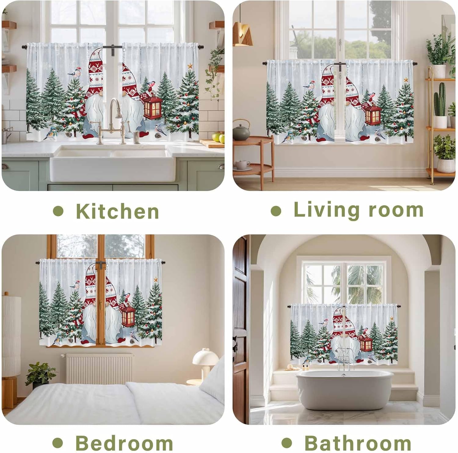 Blue Gnomes Christmas Kitchen Tier Curtains 45 Inch Long 2 Panel Set,Rod Pocket Short Window Treatment,Xmas Tree Snowflake Winter Holiday Curtains & Drapes for Bathroom Basement 27.5"W x 45"L